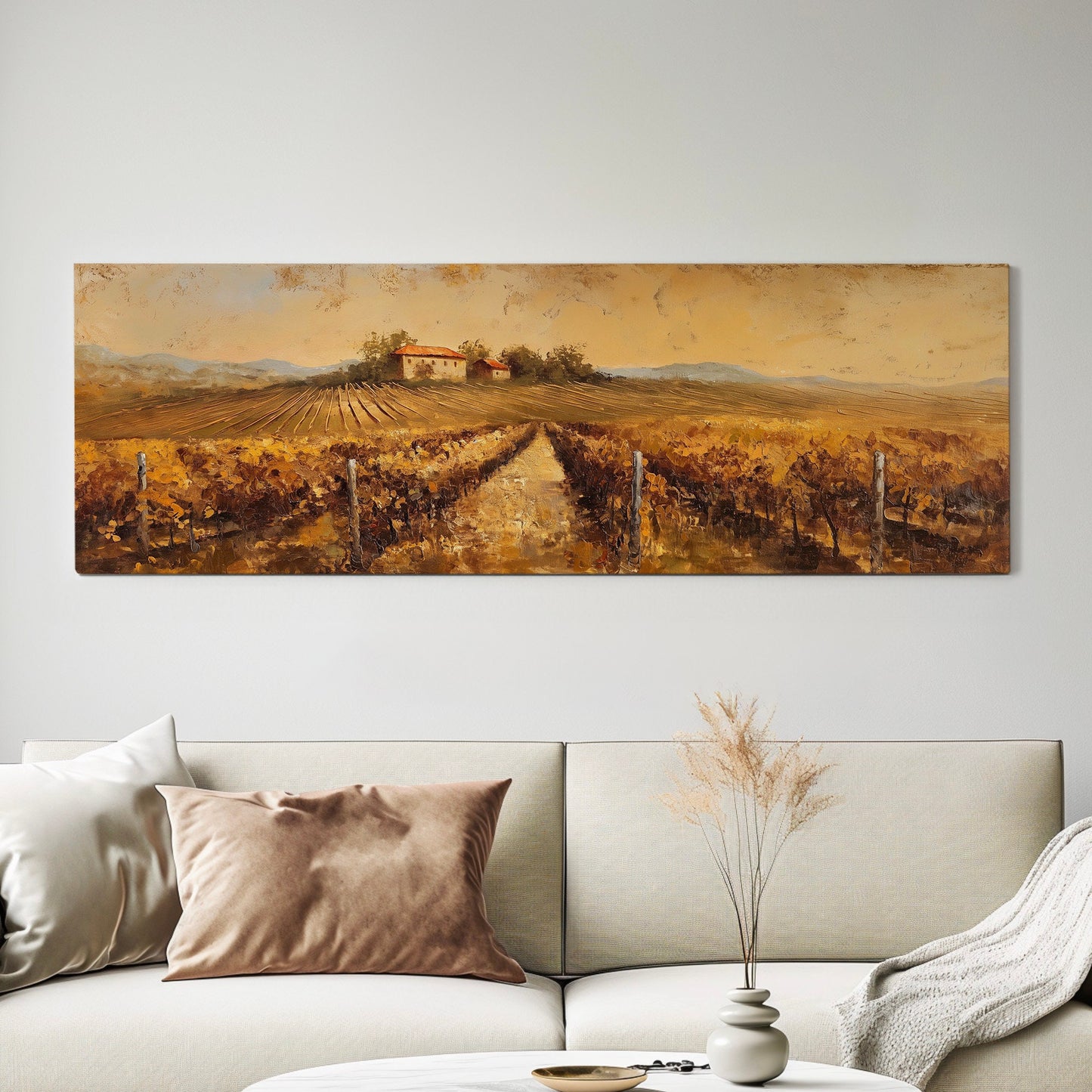 Vineyard Ladnscape Above Bed Wall Art Countryside, Panoramic Farmhouse Canvas Print, Field Long Horizontal Canvas Art