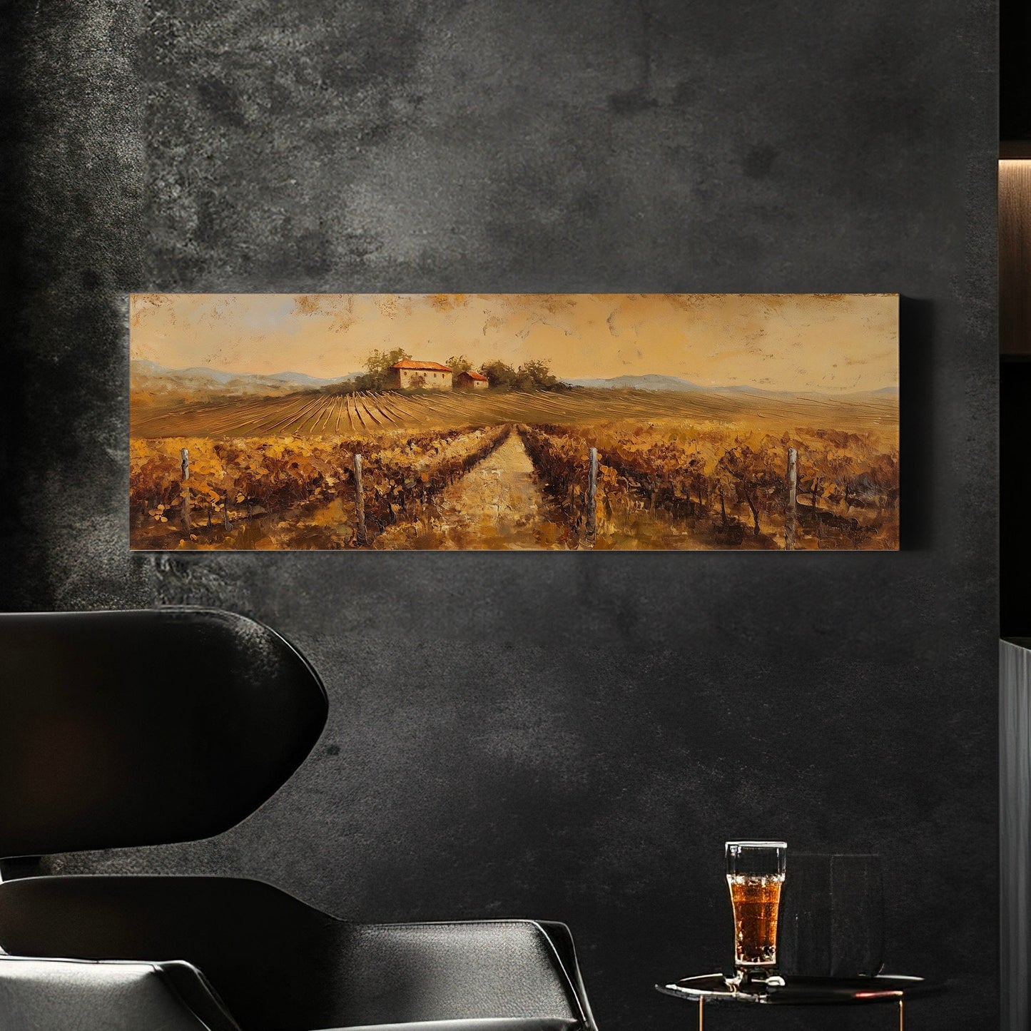 Vineyard Ladnscape Above Bed Wall Art Countryside, Panoramic Farmhouse Canvas Print, Field Long Horizontal Canvas Art