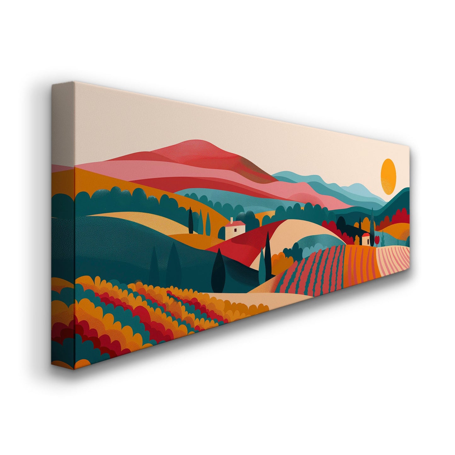 Vineyard Boho Above Bed Wall Art Minimal, Panoramic Wine Tasting Canvas Print, Vineyard Long Horizontal Canvas Art