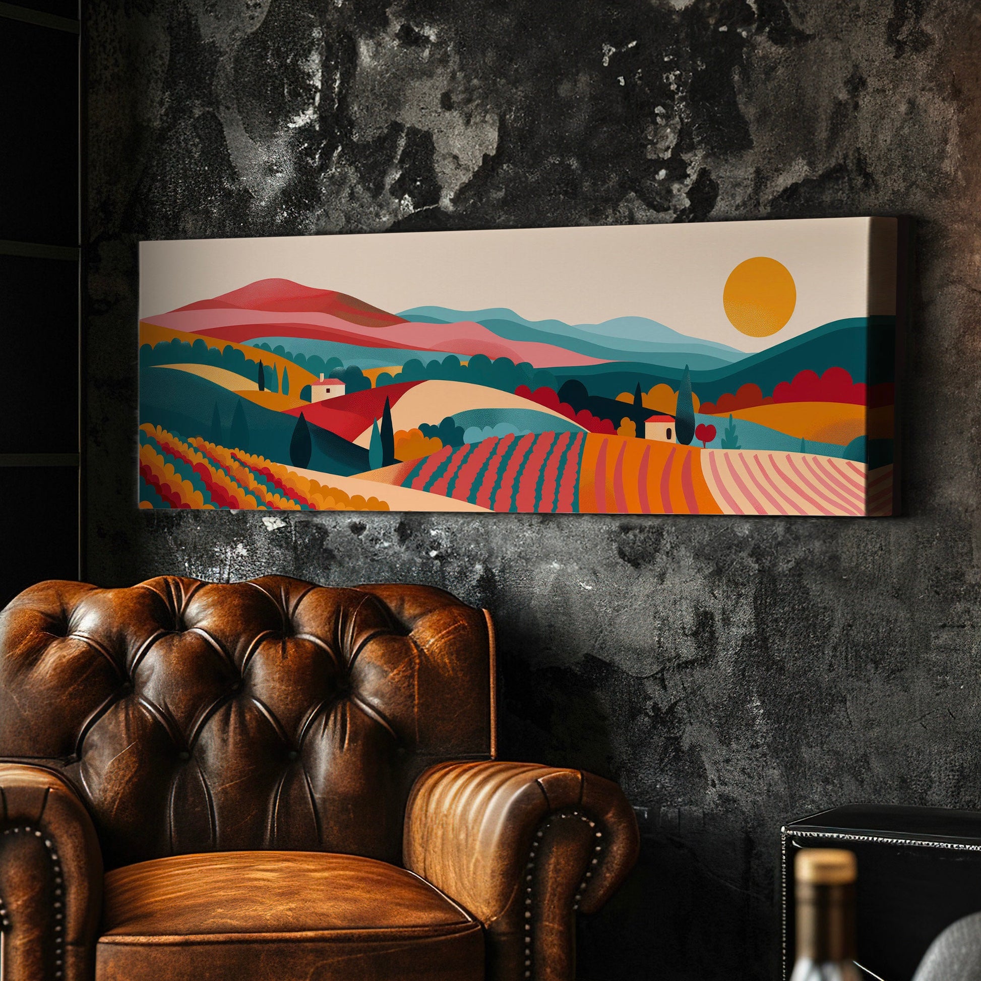Vineyard Boho Above Bed Wall Art Minimal, Panoramic Wine Tasting Canvas Print, Vineyard Long Horizontal Canvas Art