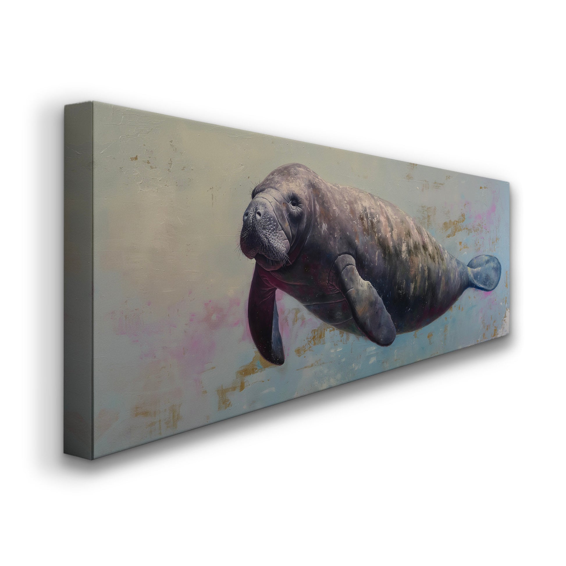 Swimming Manatee Above Bed Wall Art Ocean Life, Panoramic Minimal Canvas Print, Tropical Long Horizontal Canvas Art