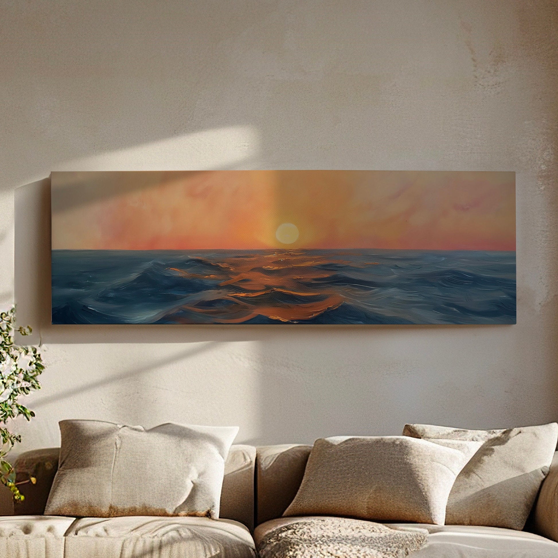 Sunset Over The Ocean Above Bed Wall Art Modern Abstract, Panoramic Sunrise Canvas Print, Seascape Long Horizontal Canvas Art