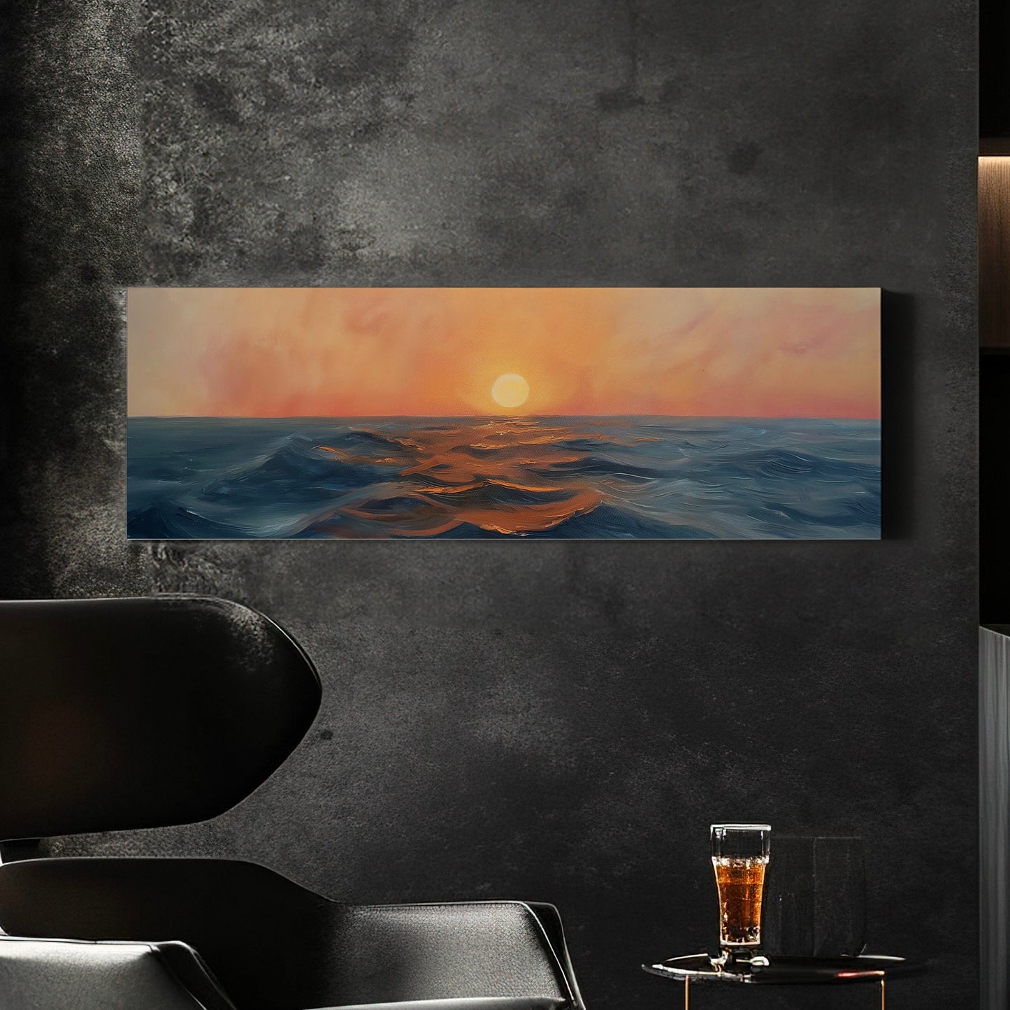 Sunset Over The Ocean Above Bed Wall Art Modern Abstract, Panoramic Sunrise Canvas Print, Seascape Long Horizontal Canvas Art