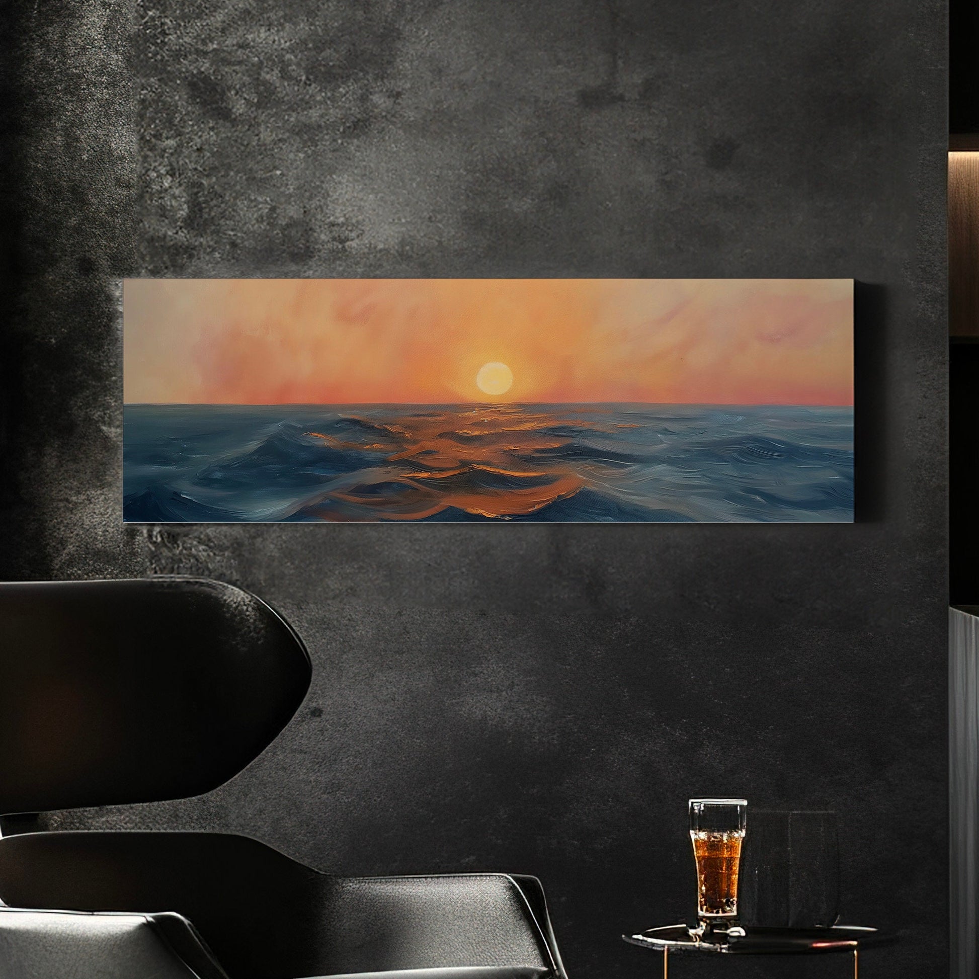 Sunset Over The Ocean Above Bed Wall Art Modern Abstract, Panoramic Sunrise Canvas Print, Seascape Long Horizontal Canvas Art