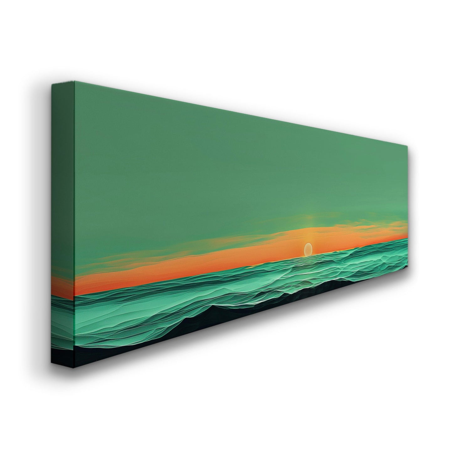 Sunset Over The Ocean Above Bed Wall Art Modern Abstract, Panoramic Sage Green Canvas Print, Seascape Long Horizontal Canvas Art