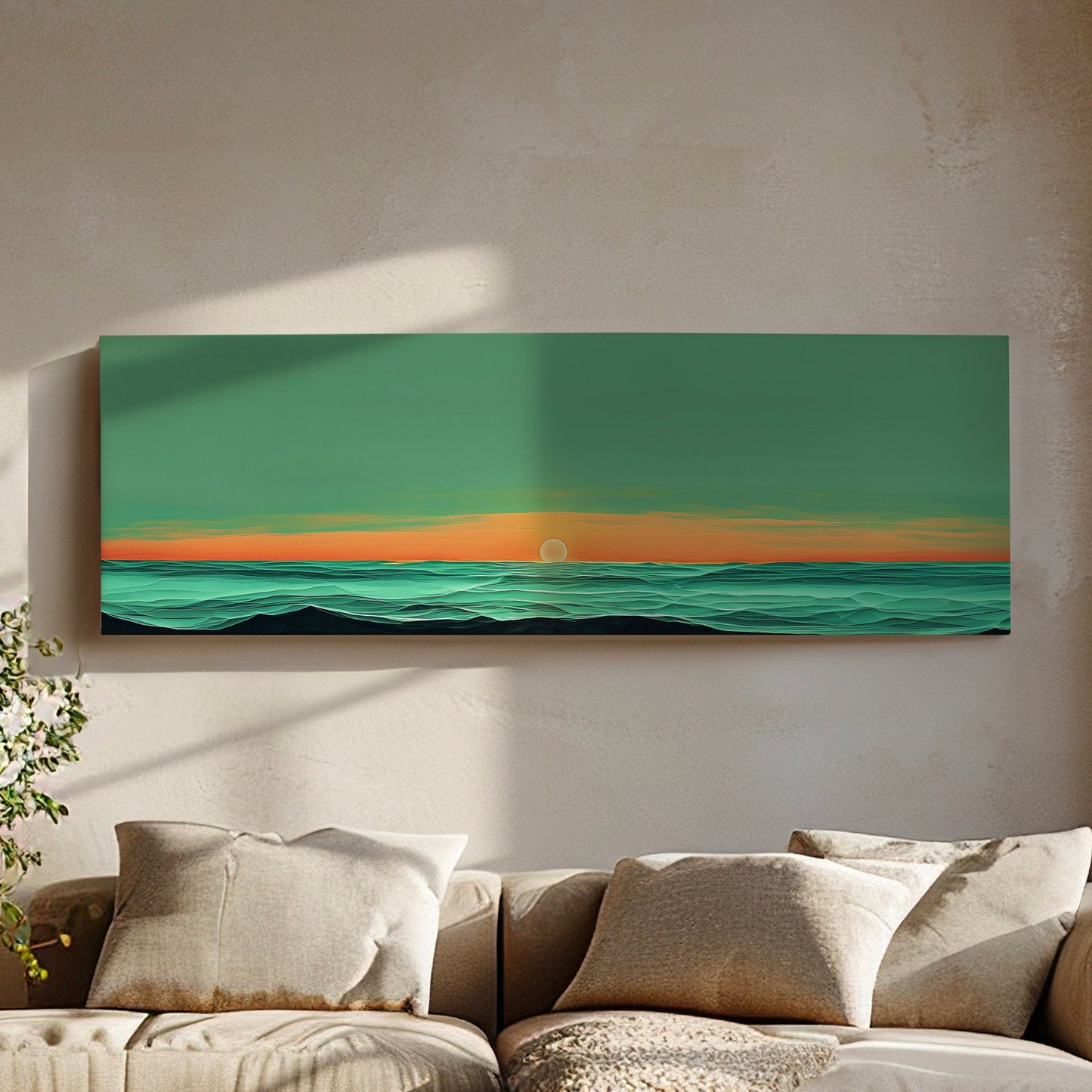 Sunset Over The Ocean Above Bed Wall Art Modern Abstract, Panoramic Sage Green Canvas Print, Seascape Long Horizontal Canvas Art