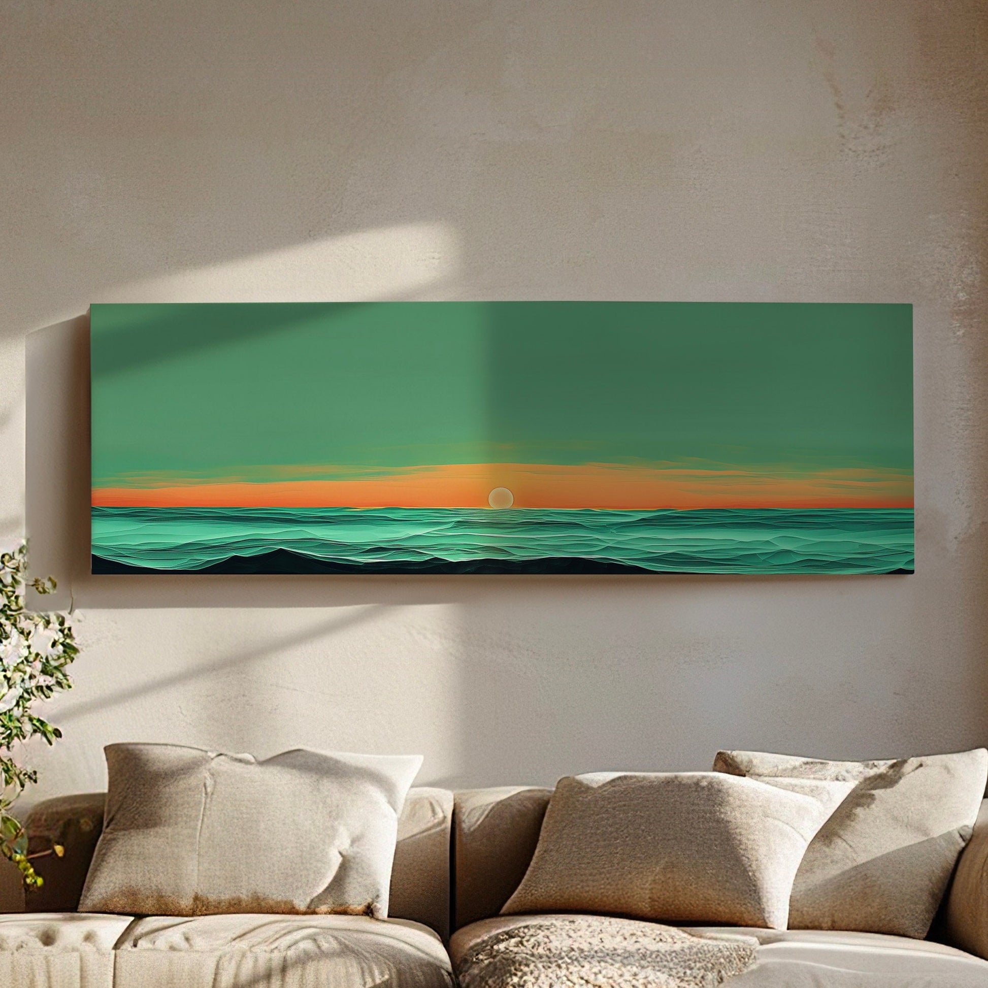 Sunset Over The Ocean Above Bed Wall Art Modern Abstract, Panoramic Sage Green Canvas Print, Seascape Long Horizontal Canvas Art
