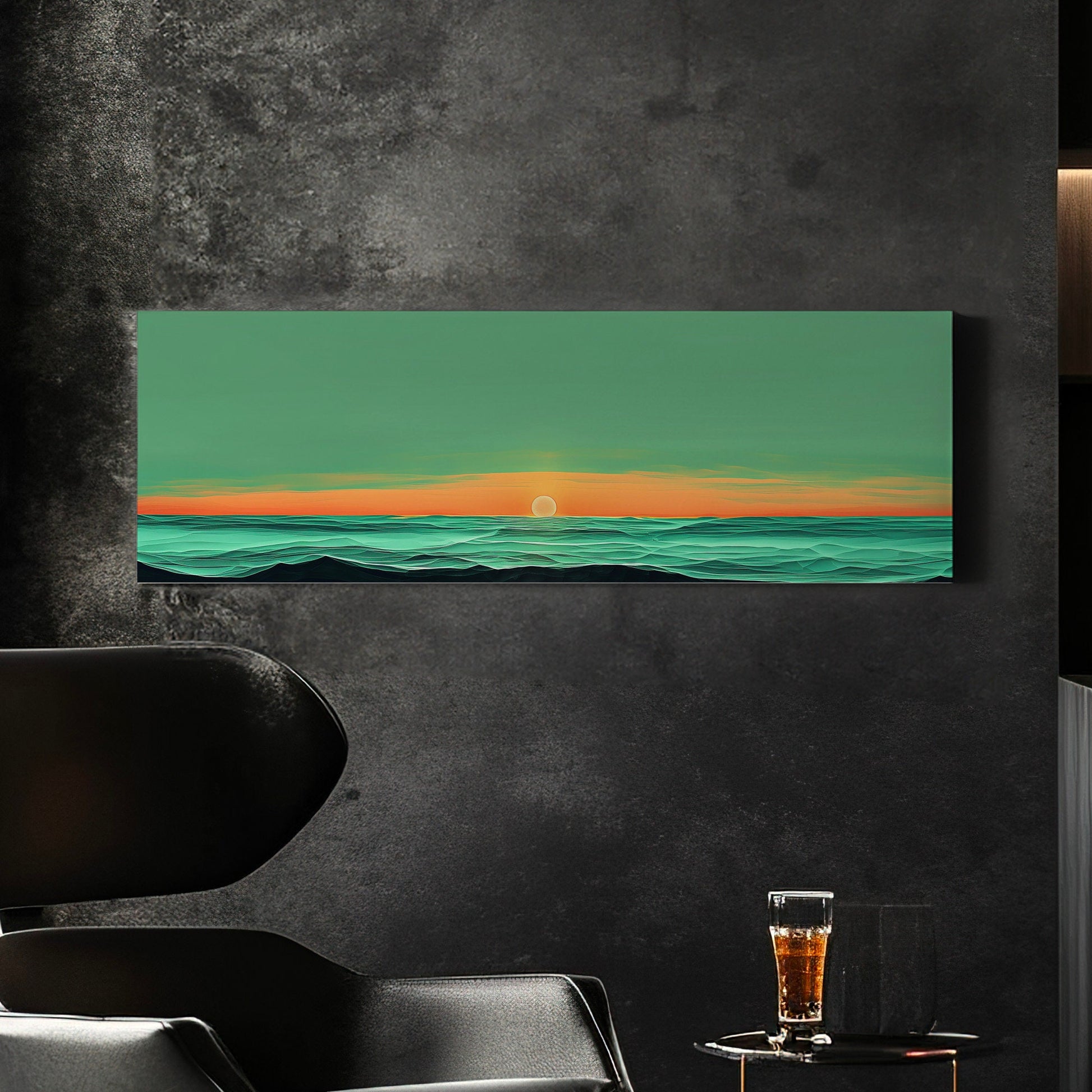 Sunset Over The Ocean Above Bed Wall Art Modern Abstract, Panoramic Sage Green Canvas Print, Seascape Long Horizontal Canvas Art