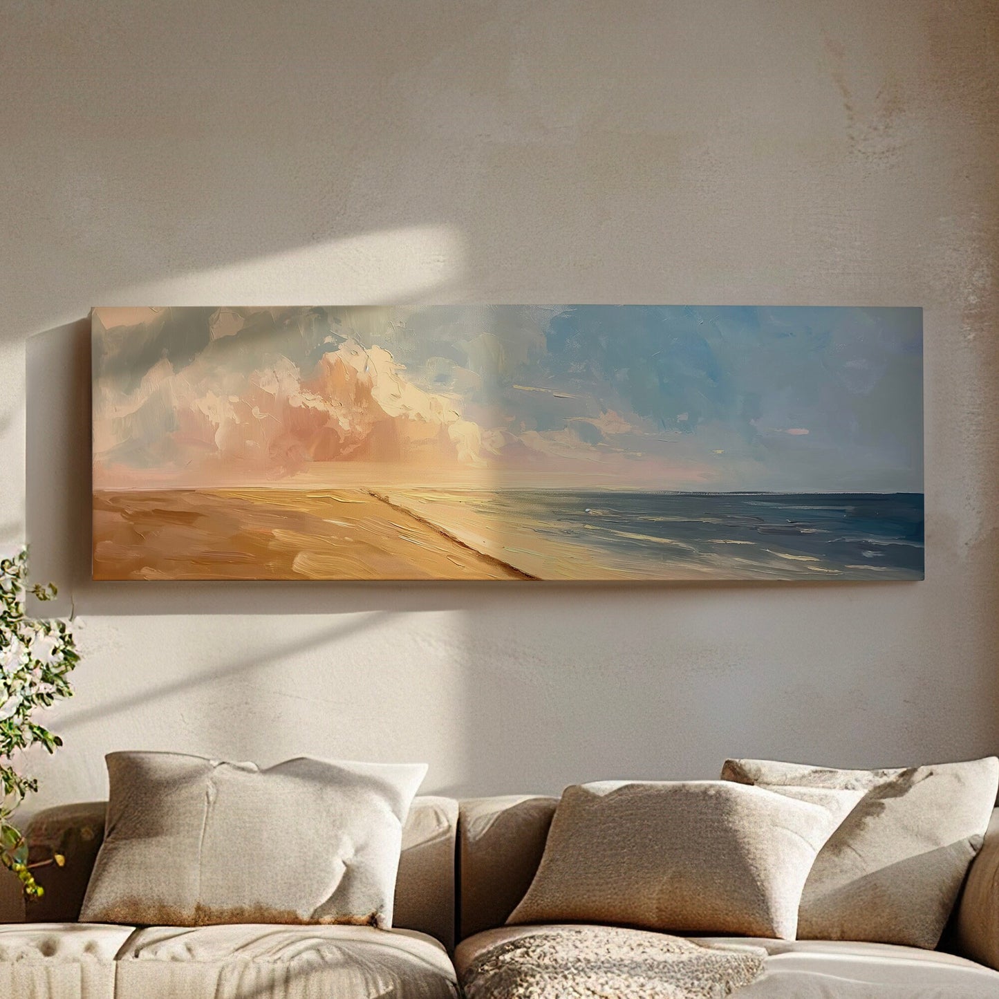 Sunset Over The Ocean Above Bed Wall Art Modern Abstract, Panoramic Oil Canvas Print, Seascape Long Horizontal Canvas Art