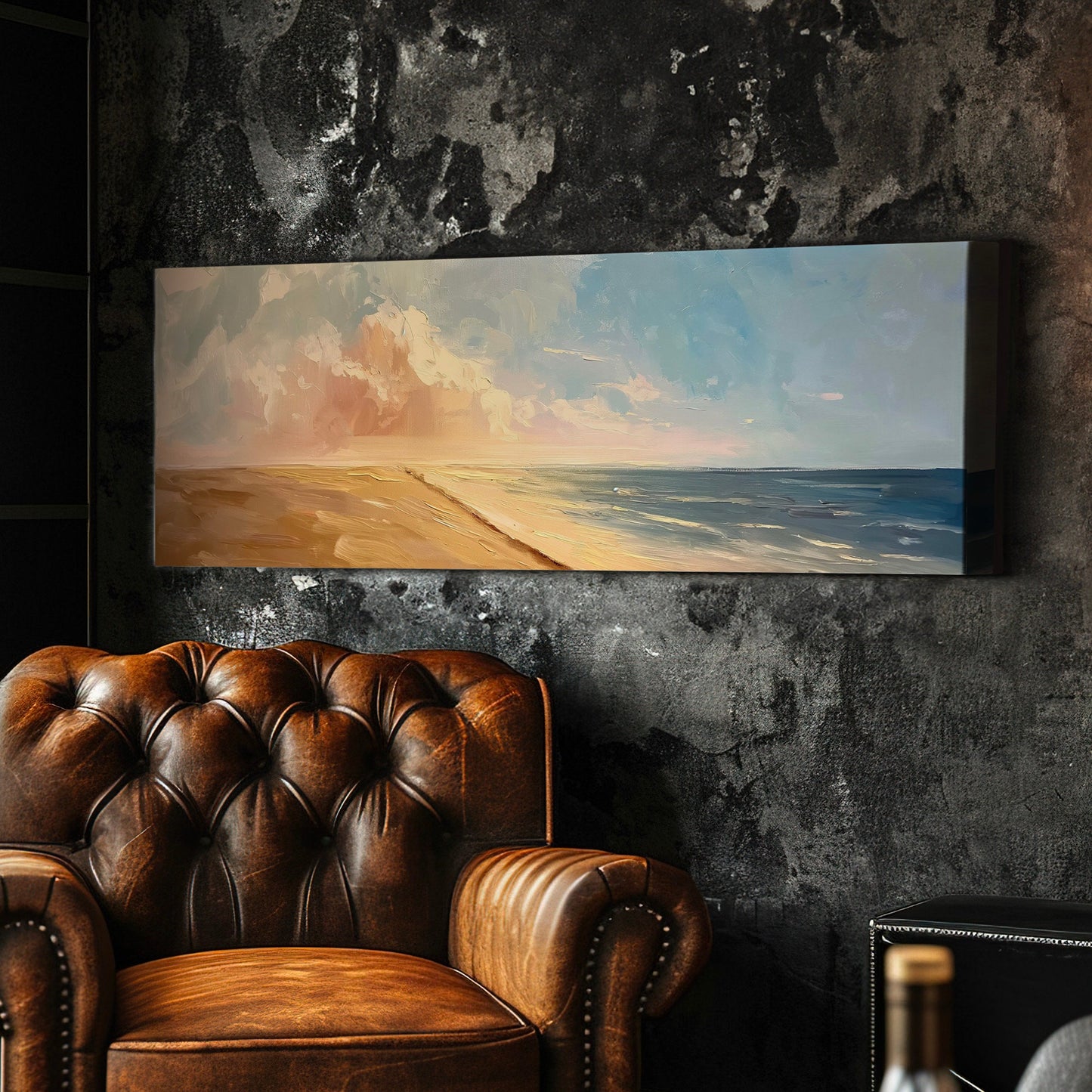 Sunset Over The Ocean Above Bed Wall Art Modern Abstract, Panoramic Oil Canvas Print, Seascape Long Horizontal Canvas Art