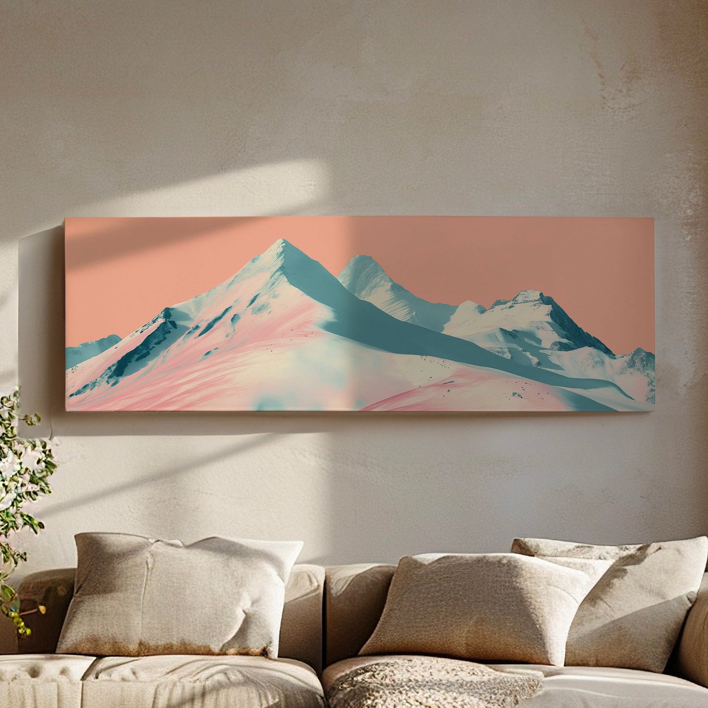 Ski Paradise Above Bed Wall Art Mountain Landscape, Panoramic Abstract Canvas Print, Pink Sky Long Horizontal Canvas Art