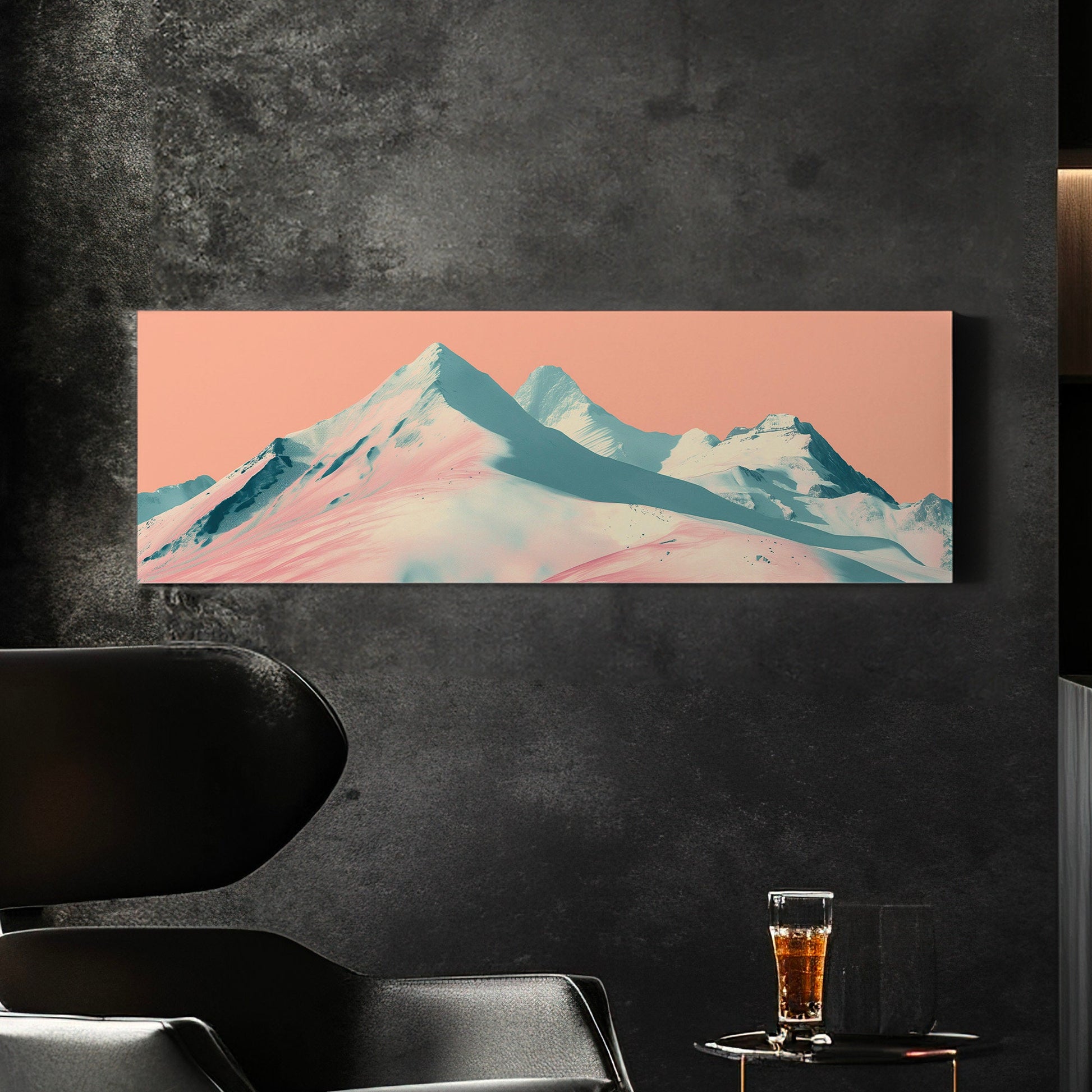 Ski Paradise Above Bed Wall Art Mountain Landscape, Panoramic Abstract Canvas Print, Pink Sky Long Horizontal Canvas Art