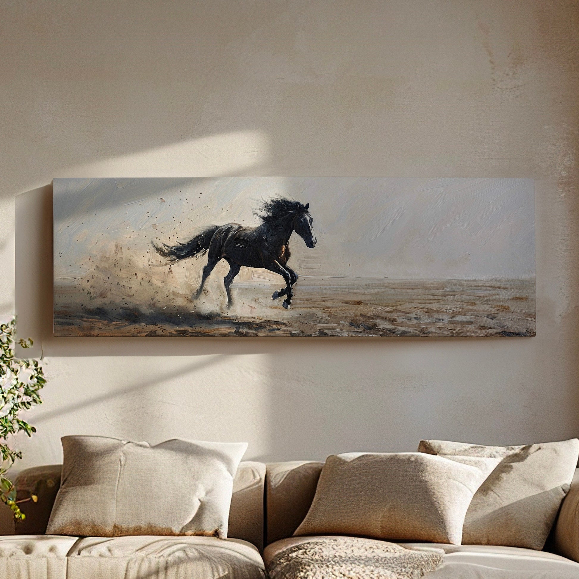 Running Horse Above Bed Wall Art Modern Oil, Panoramic Raging Horse Canvas Print, Farmhouse Long Horizontal Canvas Art