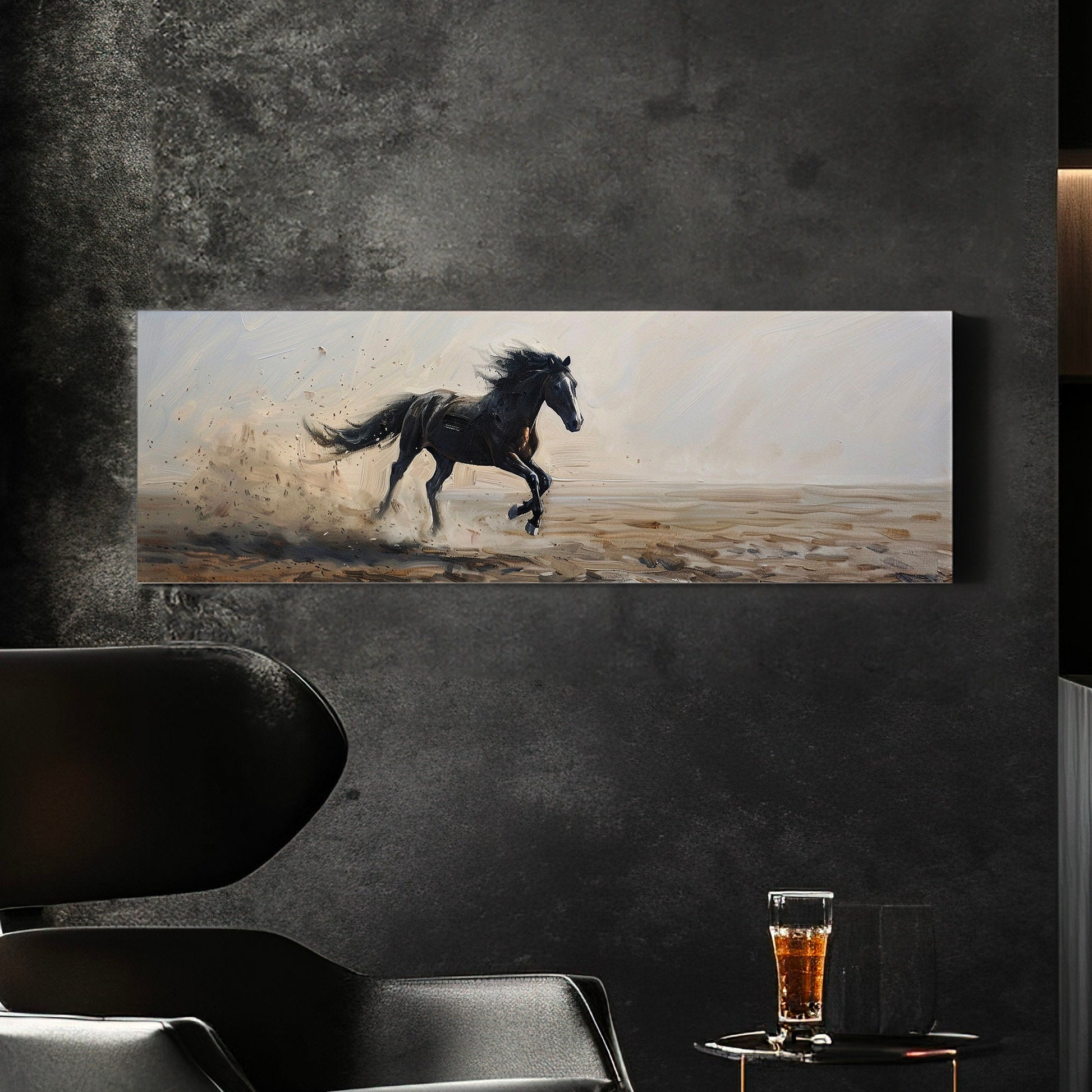Running Horse Above Bed Wall Art Modern Oil, Panoramic Raging Horse Canvas Print, Farmhouse Long Horizontal Canvas Art