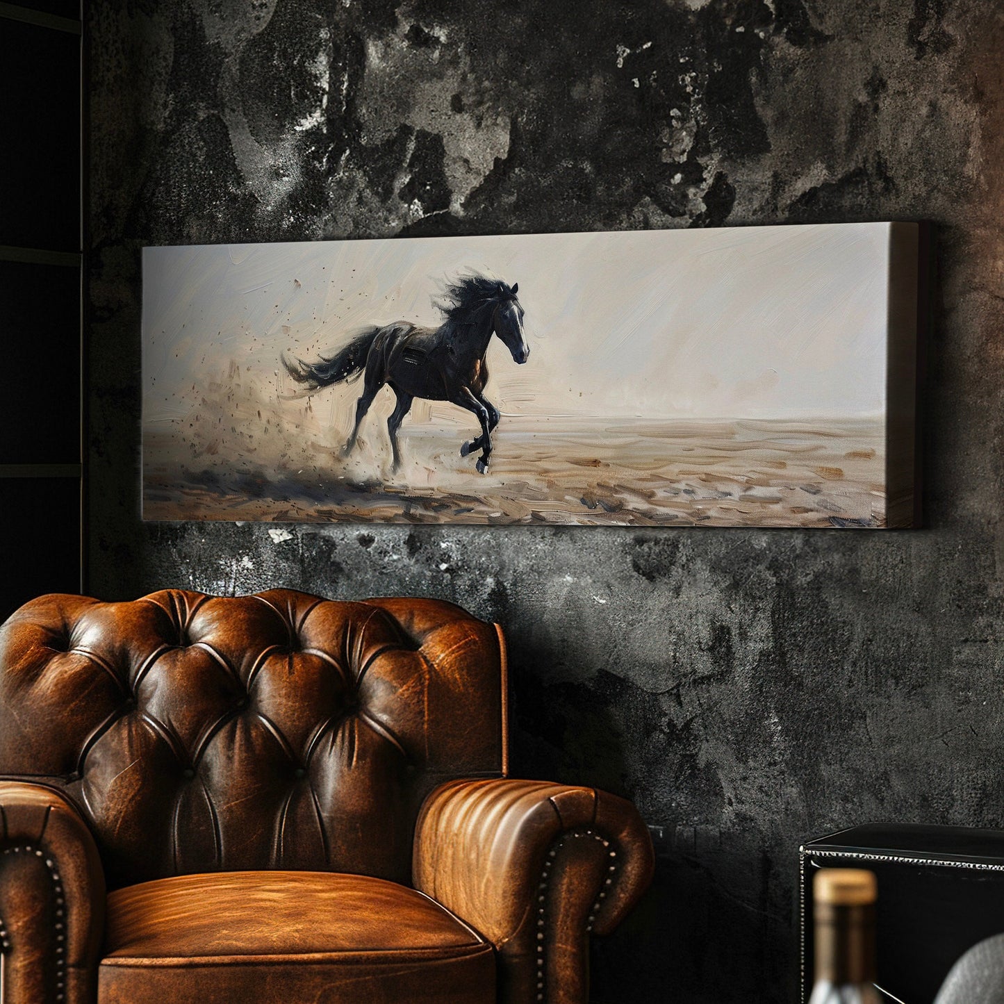Running Horse Above Bed Wall Art Modern Oil, Panoramic Raging Horse Canvas Print, Farmhouse Long Horizontal Canvas Art