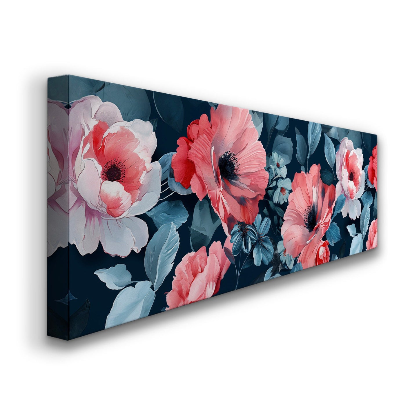 Red Peony Above Bed Wall Art Baroque Bouquet, Panoramic Floral Canvas Print, Flower Long Horizontal Canvas Art