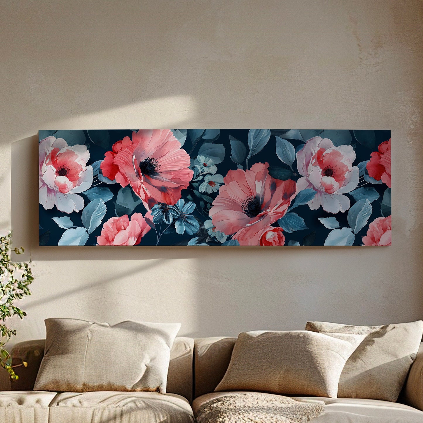 Red Peony Above Bed Wall Art Baroque Bouquet, Panoramic Floral Canvas Print, Flower Long Horizontal Canvas Art