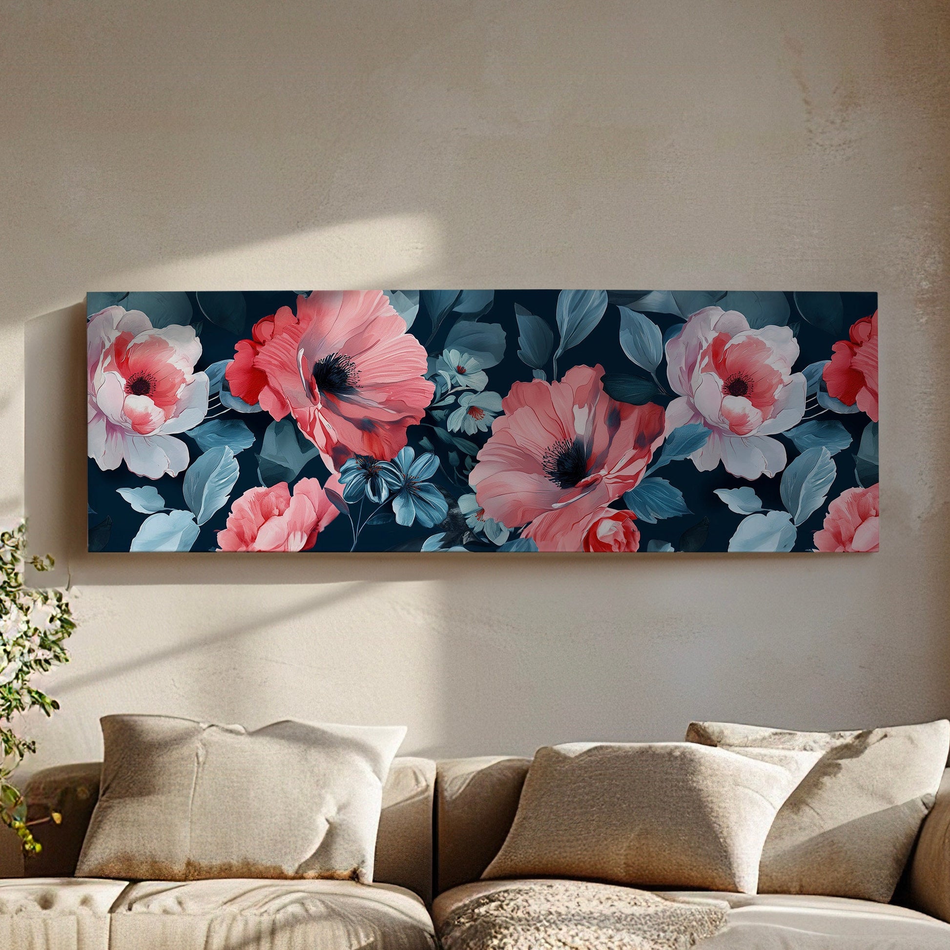 Red Peony Above Bed Wall Art Baroque Bouquet, Panoramic Floral Canvas Print, Flower Long Horizontal Canvas Art
