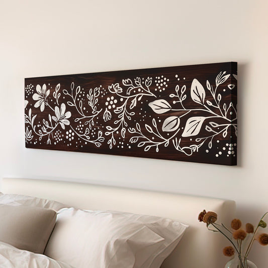 Polka Dot Line Art Above Bed Wall Art Floral, Panoramic Minimal Canvas Print, Flower Long Horizontal Canvas Art