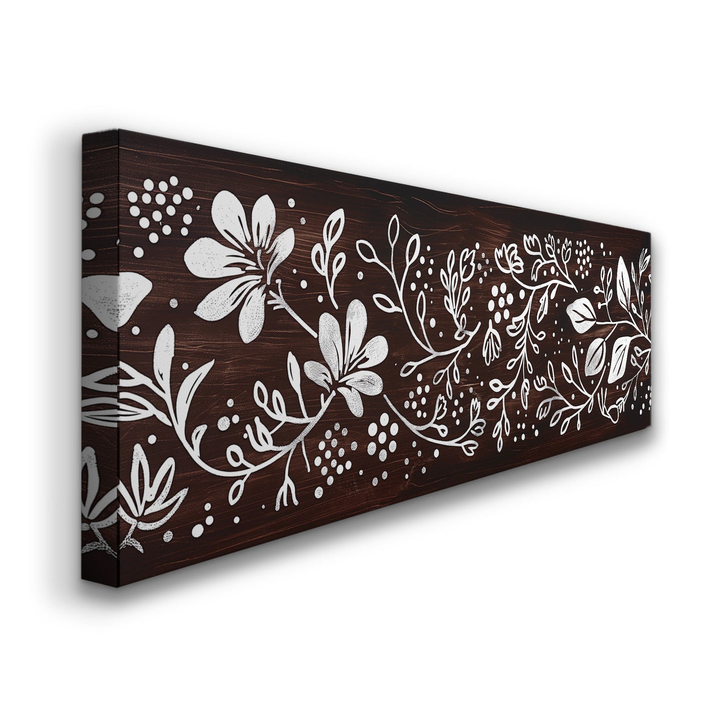Polka Dot Line Art Above Bed Wall Art Floral, Panoramic Minimal Canvas Print, Flower Long Horizontal Canvas Art