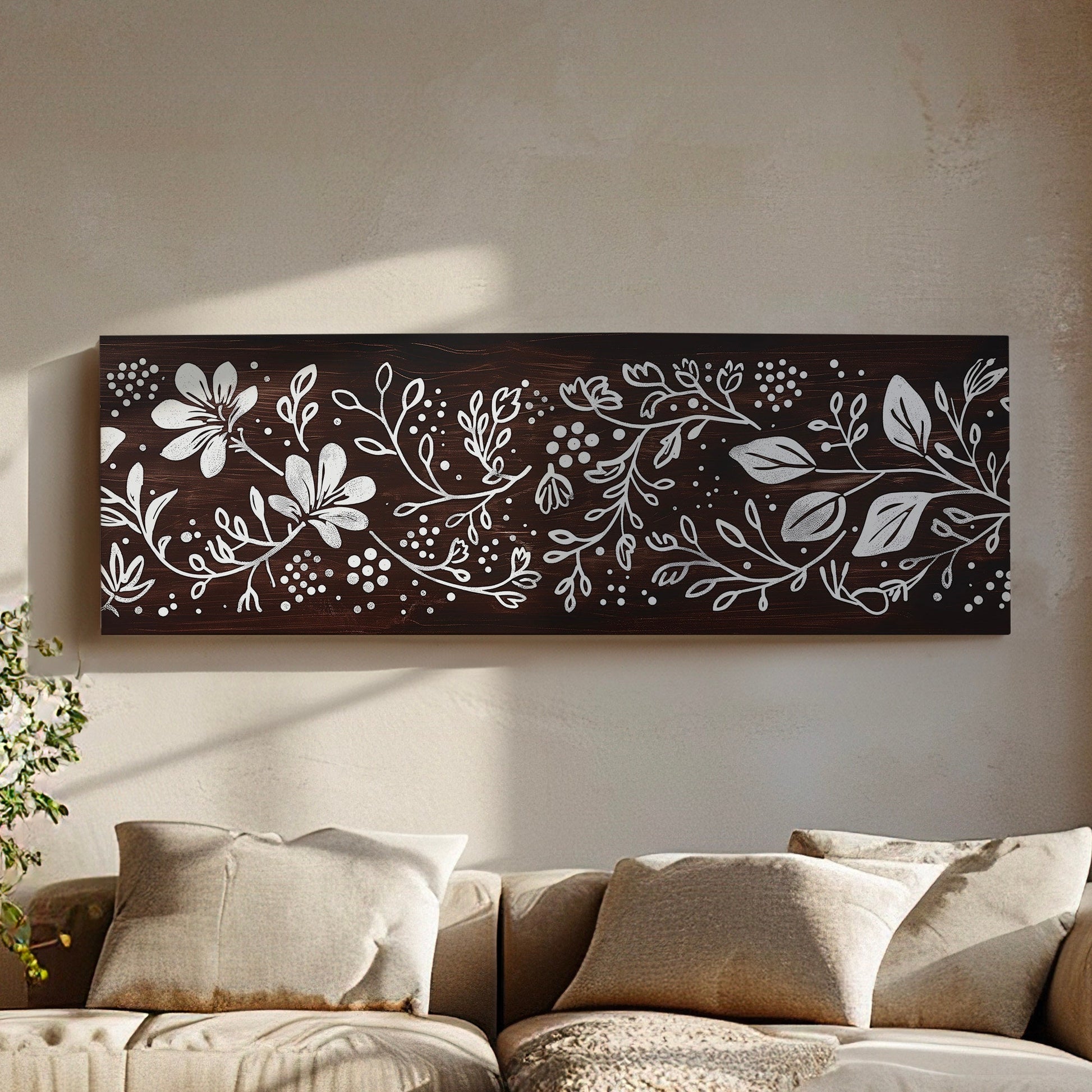 Polka Dot Line Art Above Bed Wall Art Floral, Panoramic Minimal Canvas Print, Flower Long Horizontal Canvas Art