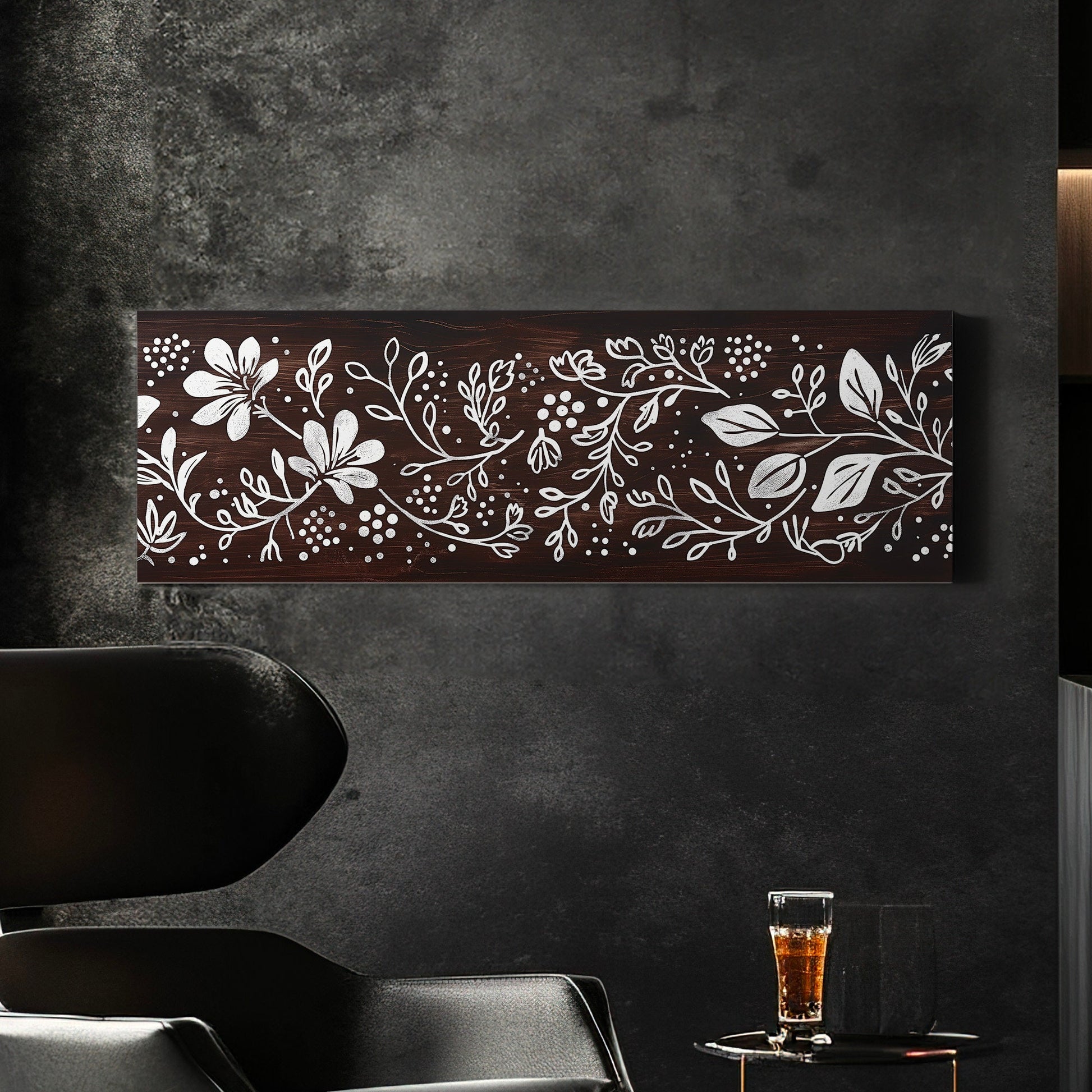 Polka Dot Line Art Above Bed Wall Art Floral, Panoramic Minimal Canvas Print, Flower Long Horizontal Canvas Art