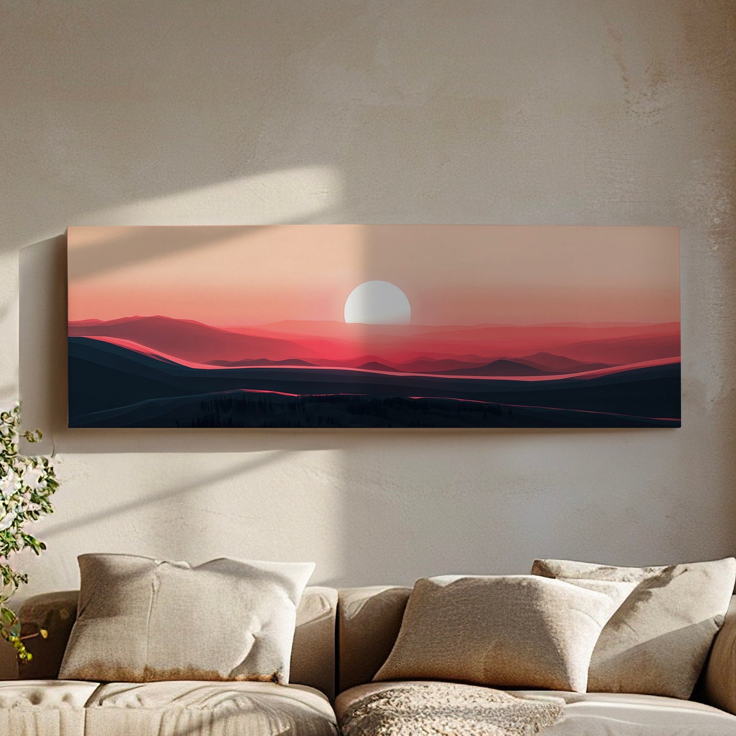 Pink Sunset Above Bed Wall Art Beautiful Scene, Panoramic Mountains Canvas Print, Nature Long Horizontal Canvas Art