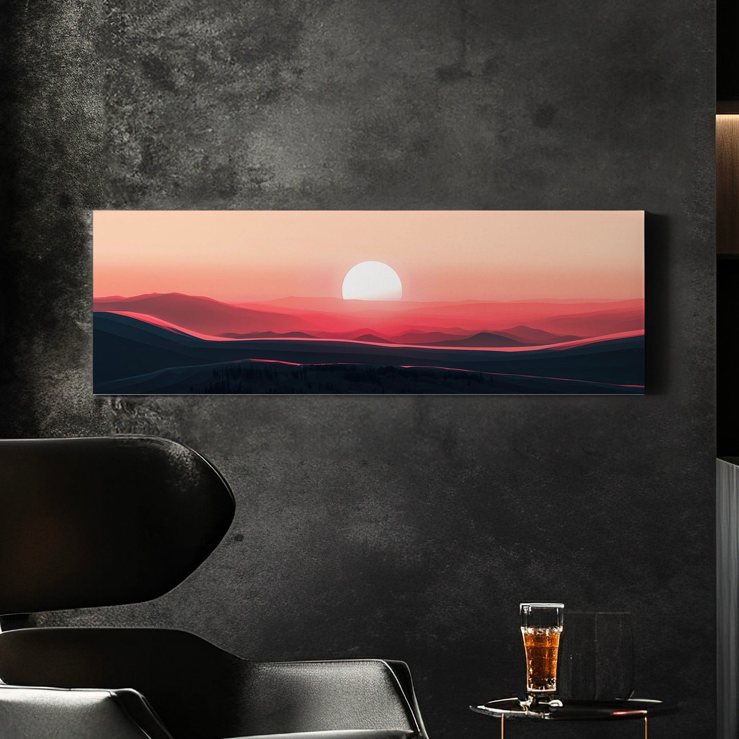 Pink Sunset Above Bed Wall Art Beautiful Scene, Panoramic Mountains Canvas Print, Nature Long Horizontal Canvas Art