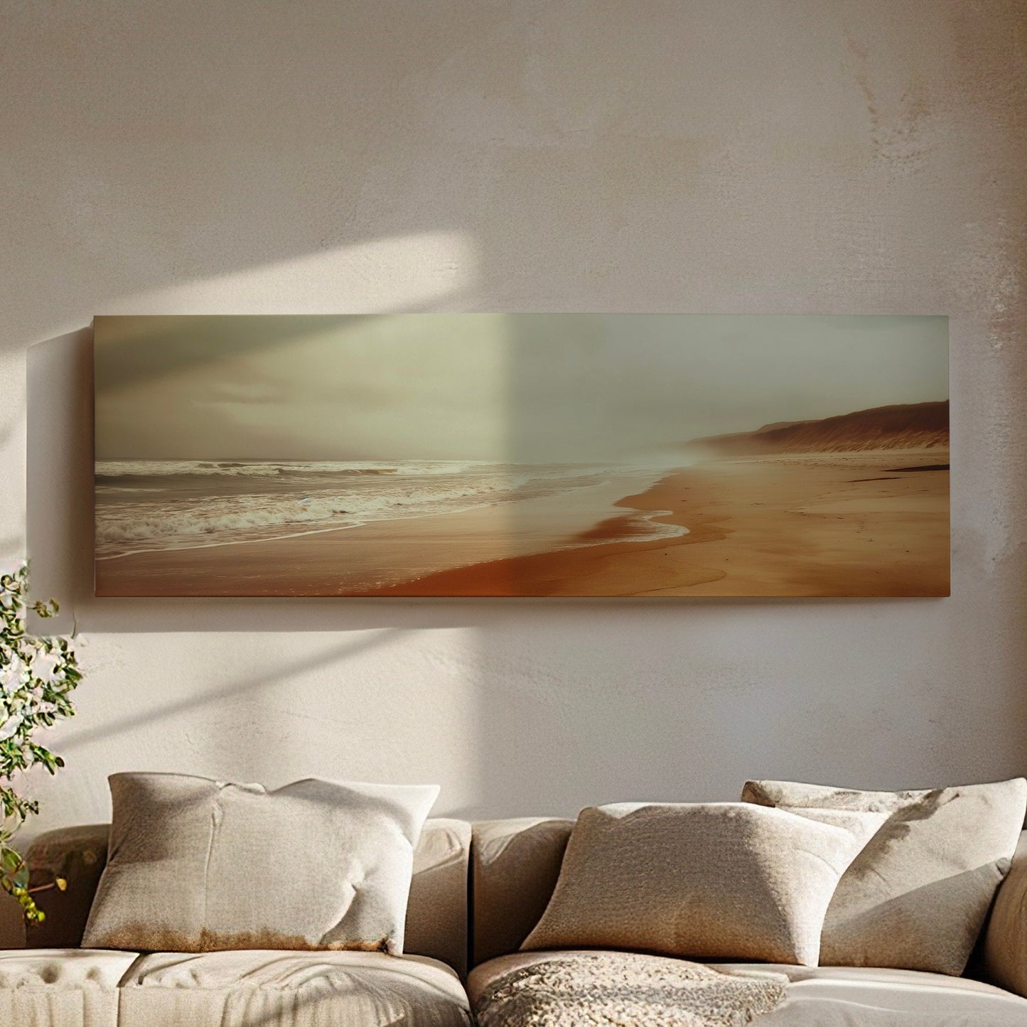 Muted Beach Above Bed Wall Art Sandy, Panoramic Neutral Canvas Print, Minimal Long Horizontal Canvas Art