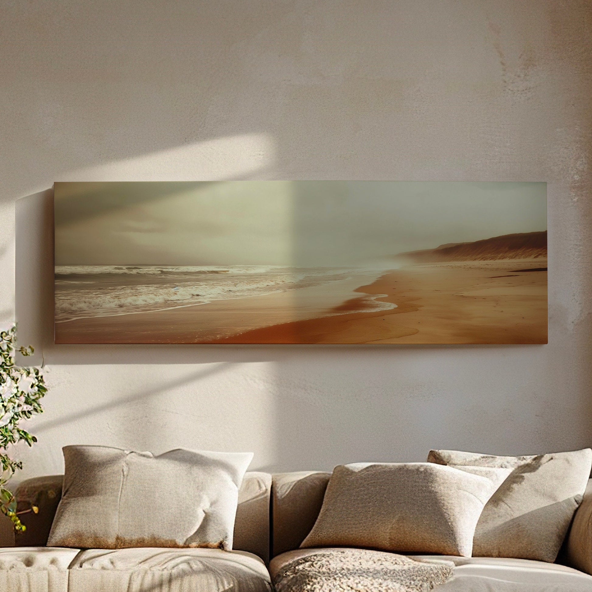 Muted Beach Above Bed Wall Art Sandy, Panoramic Neutral Canvas Print, Minimal Long Horizontal Canvas Art