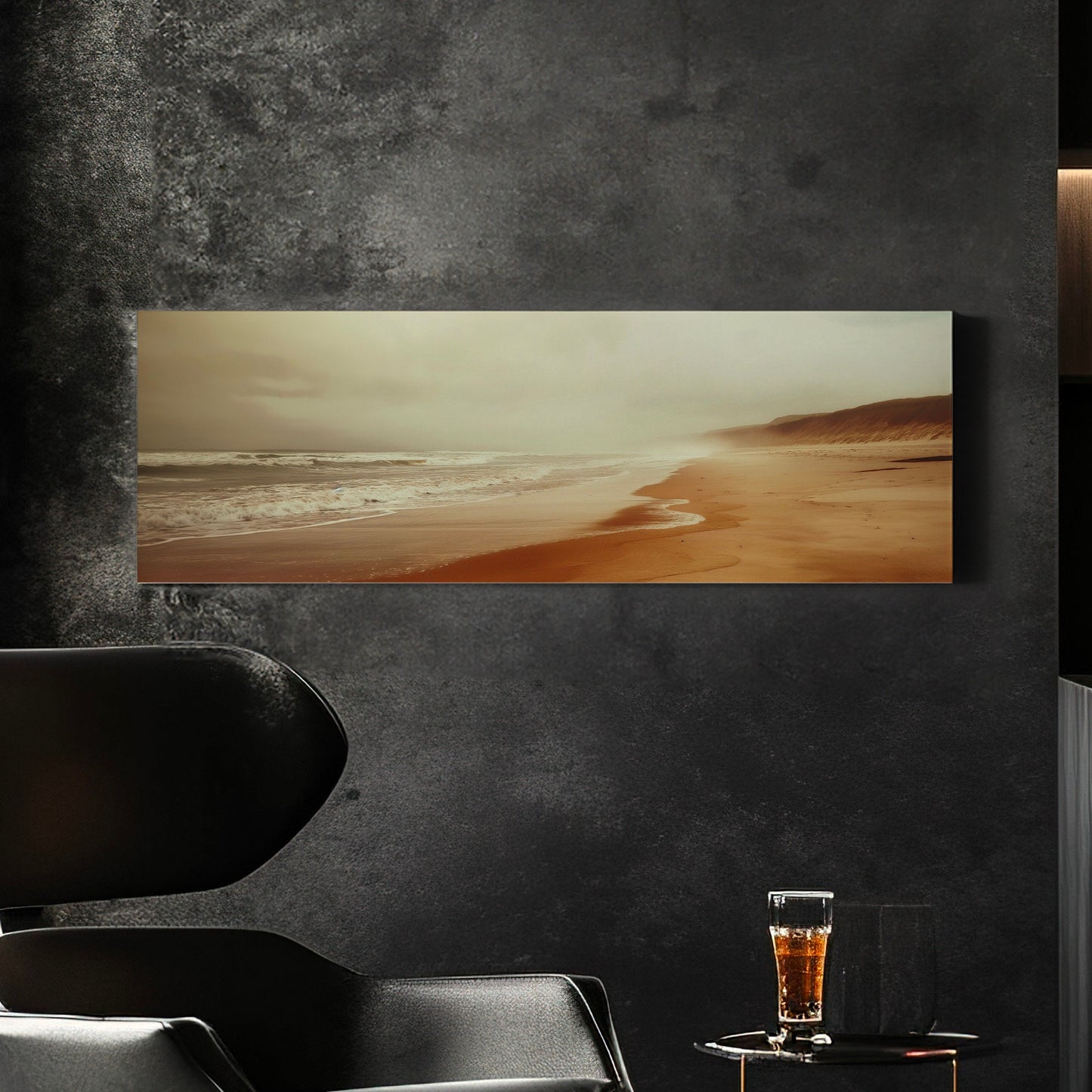 Muted Beach Above Bed Wall Art Sandy, Panoramic Neutral Canvas Print, Minimal Long Horizontal Canvas Art