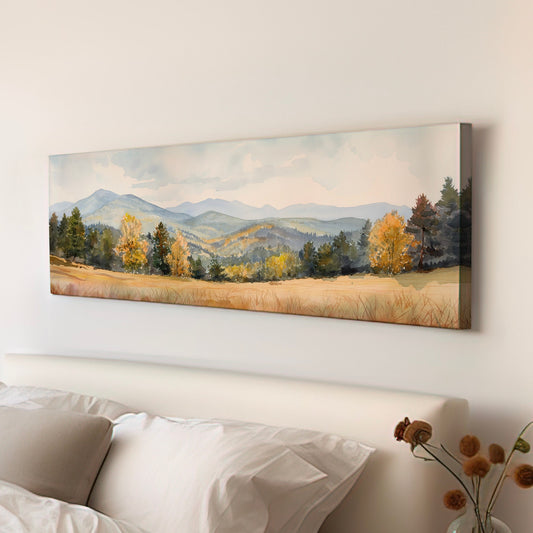 Mountain Landscape Above Bed Wall Art Spring Meadow, Panoramic Nature Canvas Print, Vintage Long Horizontal Canvas Art