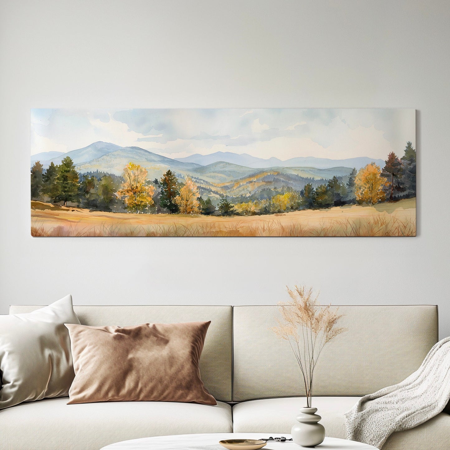 Mountain Landscape Above Bed Wall Art Spring Meadow, Panoramic Nature Canvas Print, Vintage Long Horizontal Canvas Art