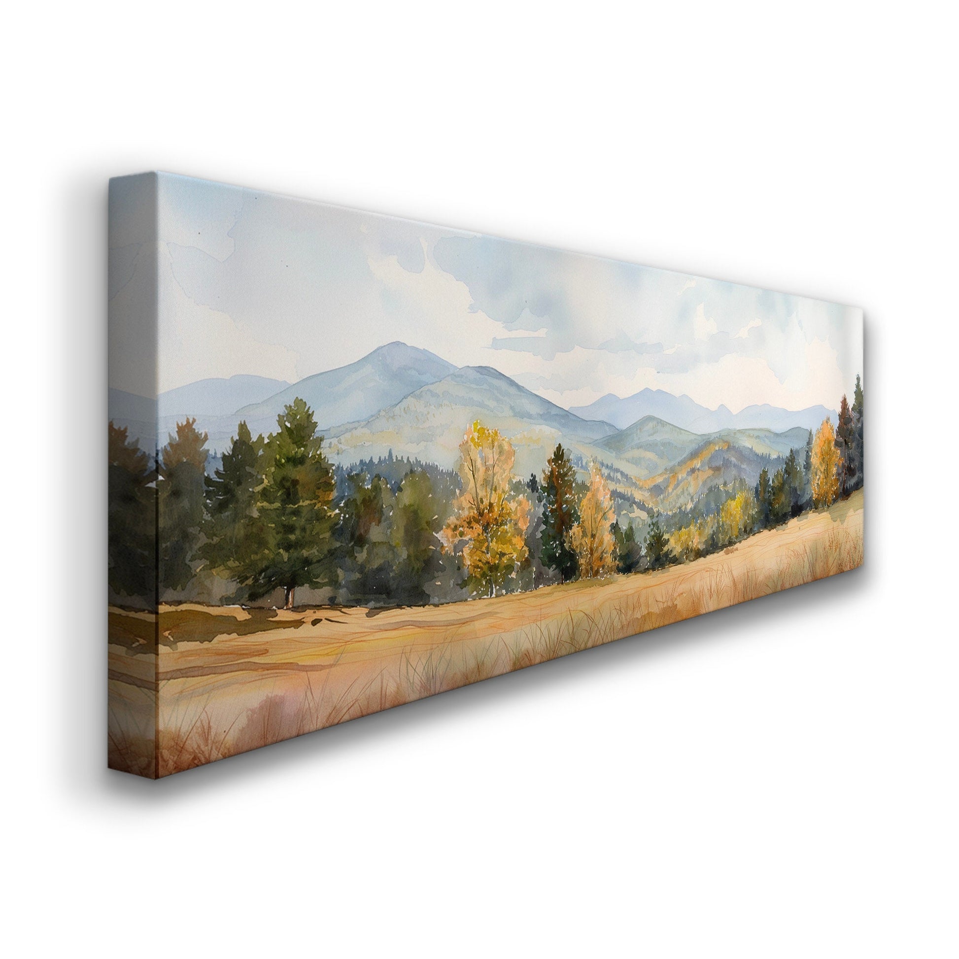 Mountain Landscape Above Bed Wall Art Spring Meadow, Panoramic Nature Canvas Print, Vintage Long Horizontal Canvas Art
