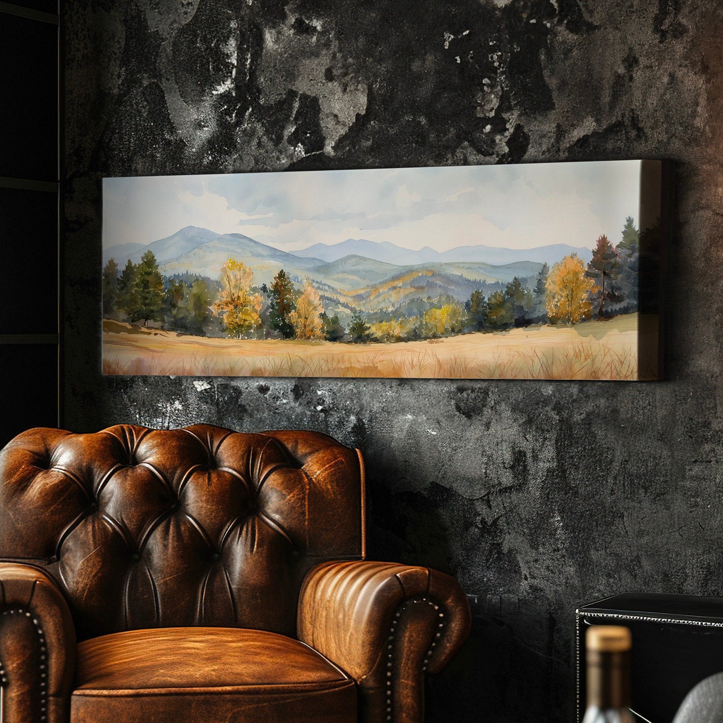 Mountain Landscape Above Bed Wall Art Spring Meadow, Panoramic Nature Canvas Print, Vintage Long Horizontal Canvas Art