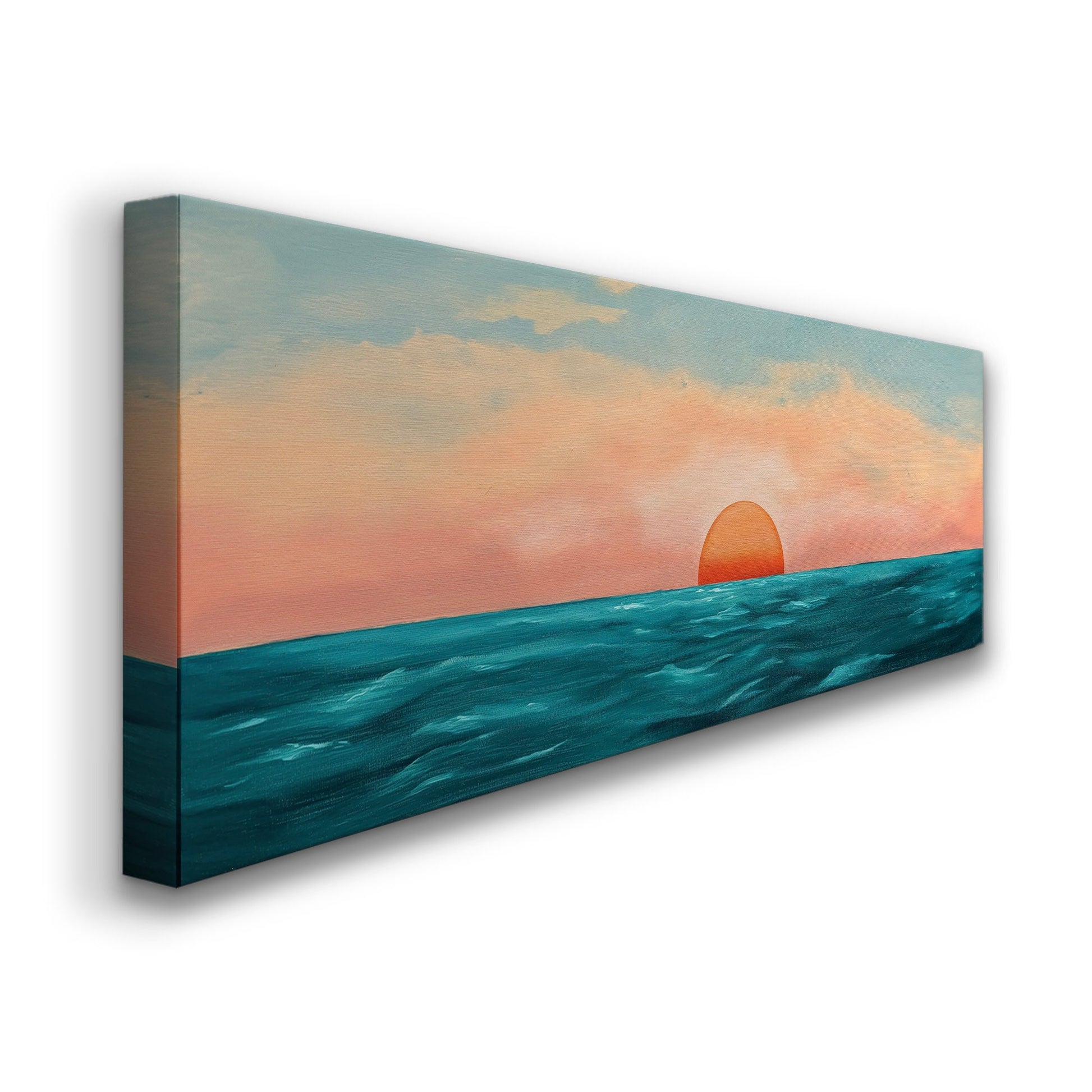 Minimal Sunset Over The Ocean Above Bed Wall Art Modern Abstract, Panoramic Sunrise Canvas Print, Seascape Long Horizontal Canvas Art