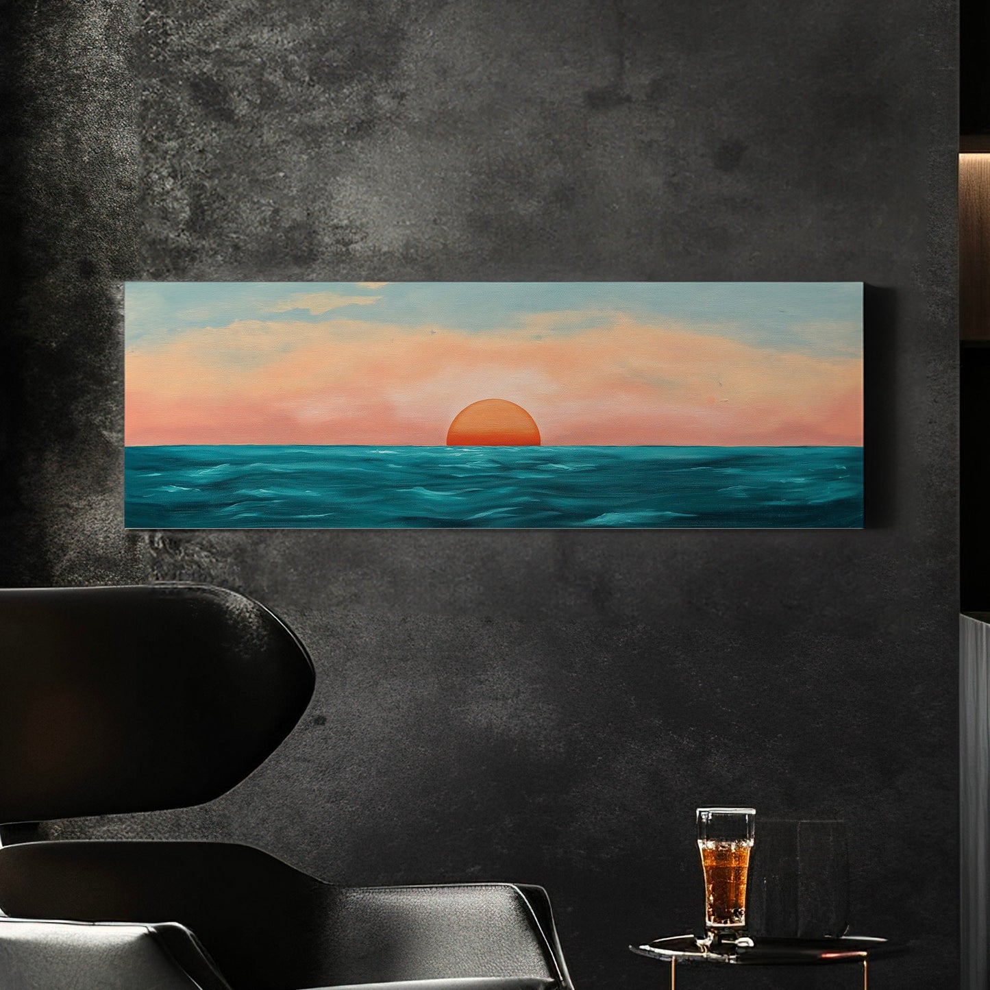 Minimal Sunset Over The Ocean Above Bed Wall Art Modern Abstract, Panoramic Sunrise Canvas Print, Seascape Long Horizontal Canvas Art