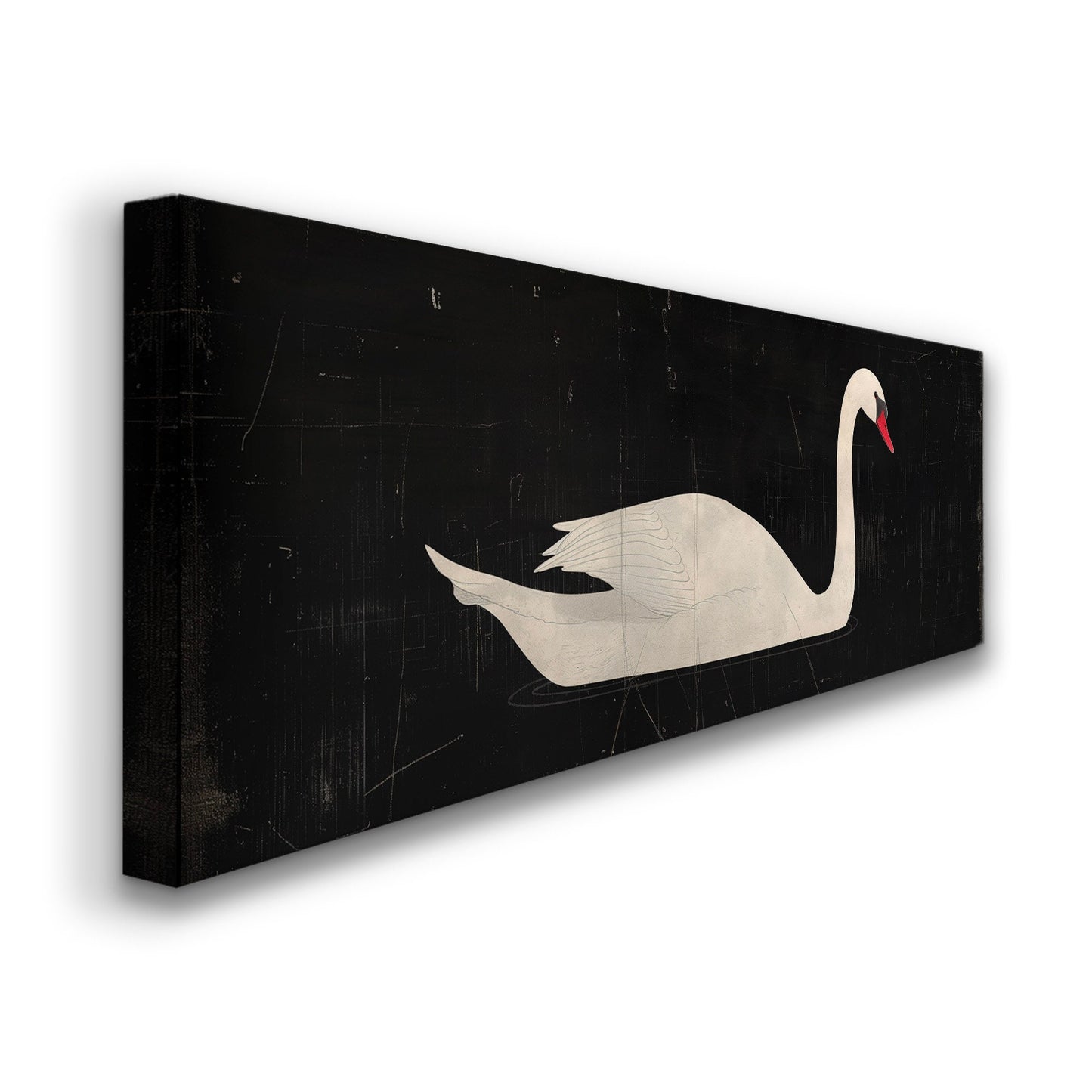 Lone Swan Above Bed Wall Art Black and White, Panoramic Farmhouse Canvas Print, Vintage Long Horizontal Canvas Art