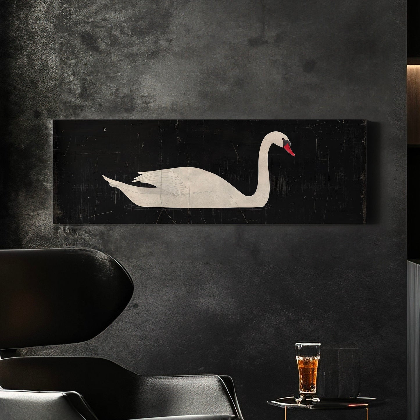 Lone Swan Above Bed Wall Art Black and White, Panoramic Farmhouse Canvas Print, Vintage Long Horizontal Canvas Art