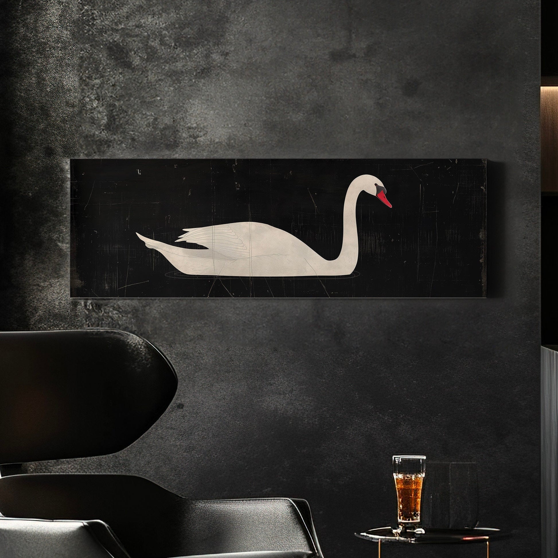Lone Swan Above Bed Wall Art Black and White, Panoramic Farmhouse Canvas Print, Vintage Long Horizontal Canvas Art