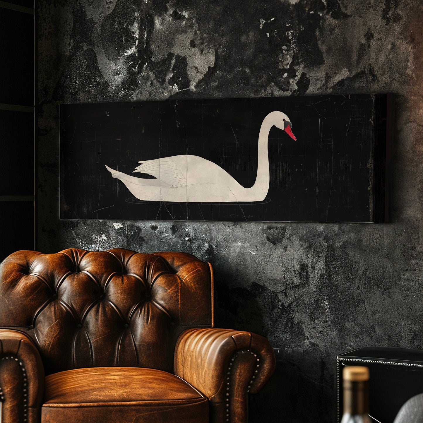 Lone Swan Above Bed Wall Art Black and White, Panoramic Farmhouse Canvas Print, Vintage Long Horizontal Canvas Art