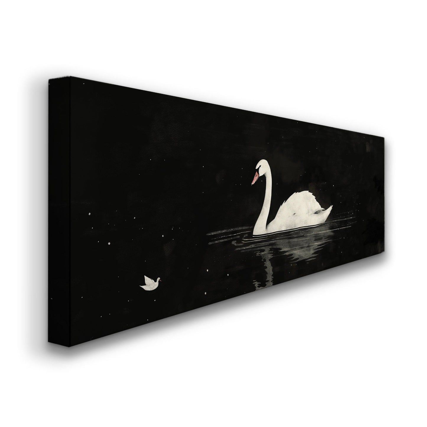 Lone Swan Above Bed Wall Art Black and White, Panoramic Farmhouse Canvas Print, Antique Long Horizontal Canvas Art