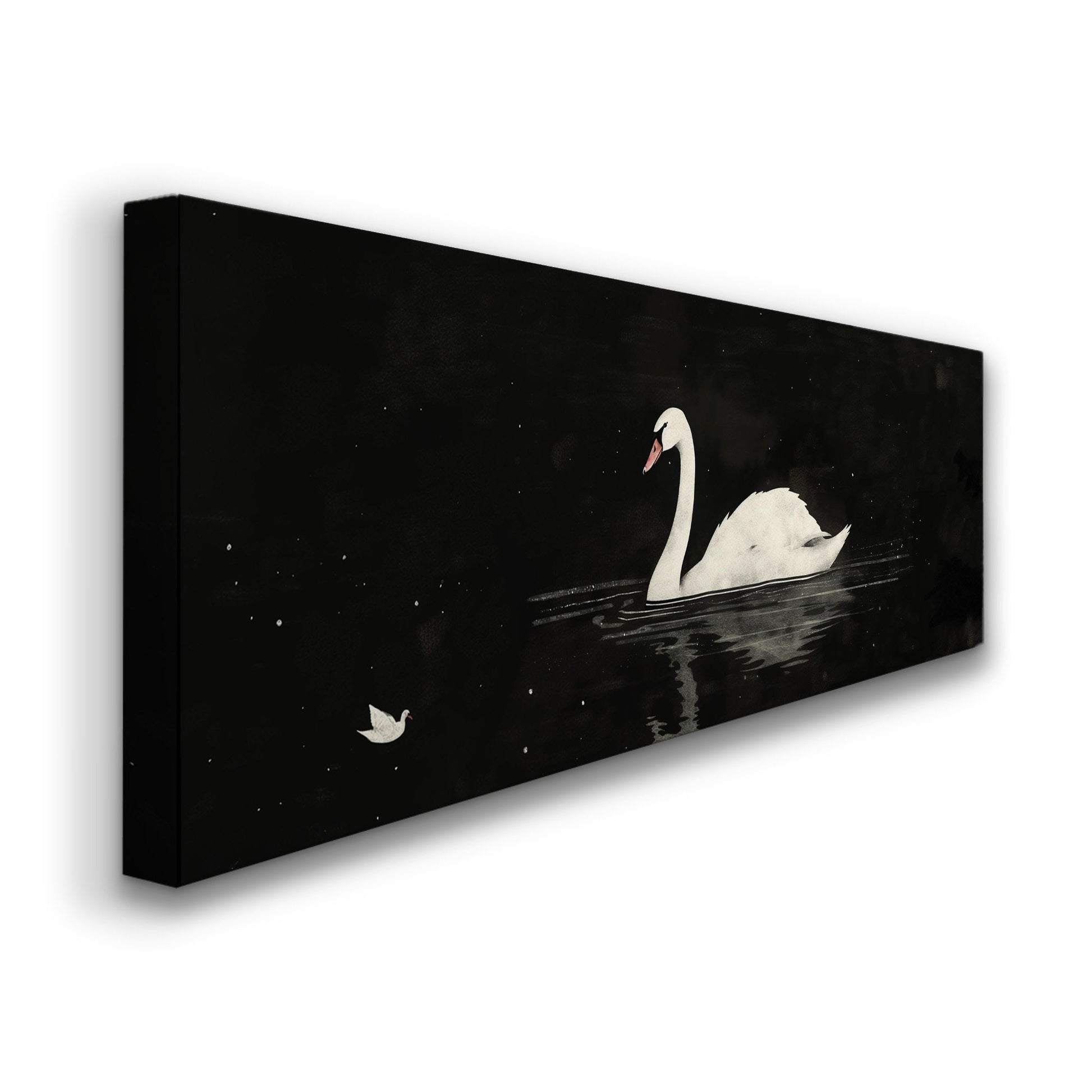 Lone Swan Above Bed Wall Art Black and White, Panoramic Farmhouse Canvas Print, Antique Long Horizontal Canvas Art