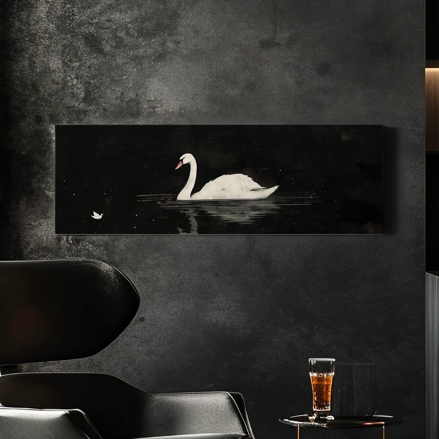 Lone Swan Above Bed Wall Art Black and White, Panoramic Farmhouse Canvas Print, Antique Long Horizontal Canvas Art