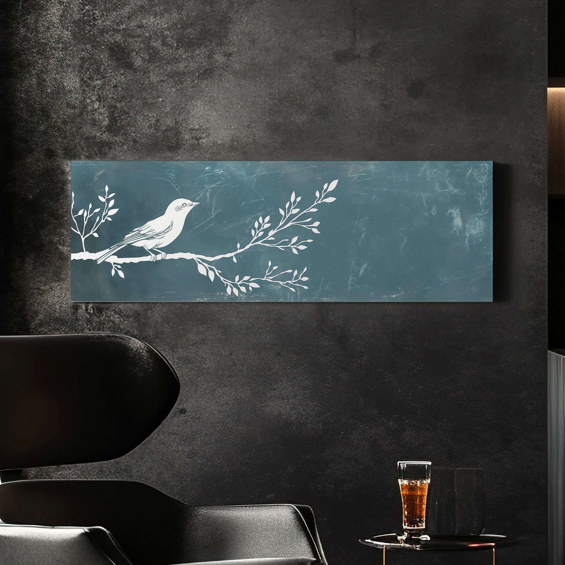Lone Bird Above Bed Wall Art Sage Blue, Panoramic Neutral Canvas Print, Nature Long Horizontal Canvas Art