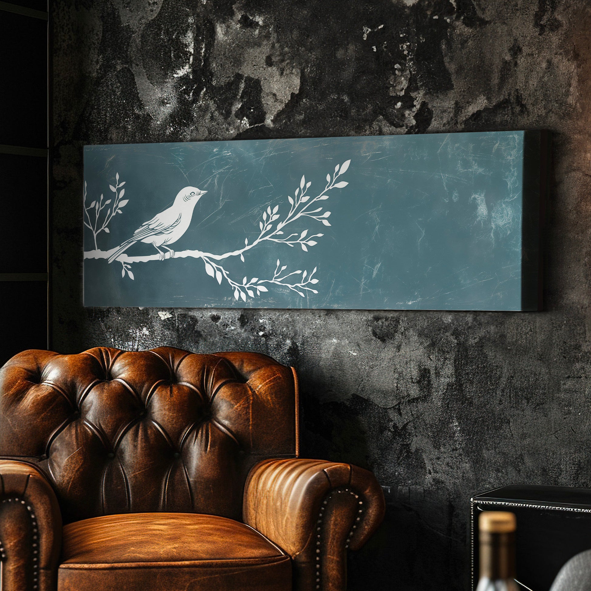 Lone Bird Above Bed Wall Art Sage Blue, Panoramic Neutral Canvas Print, Nature Long Horizontal Canvas Art