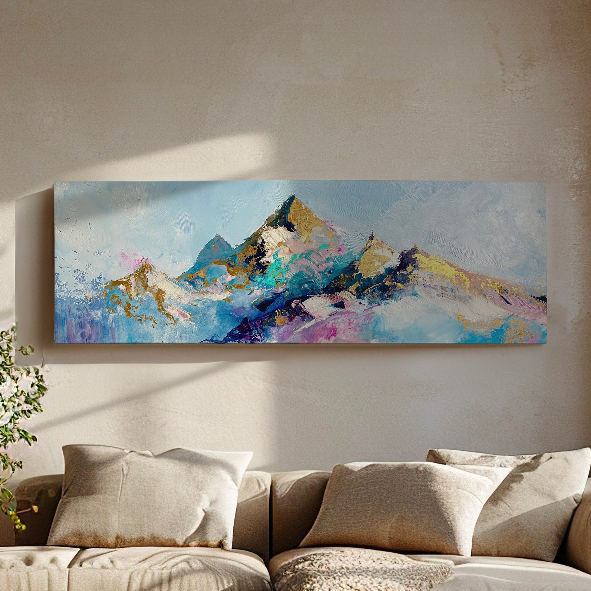 Imagined Mountains Above Bed Wall Art Fun Colors, Panoramic Minimal Canvas Print, Snowy Scene Long Horizontal Canvas Art