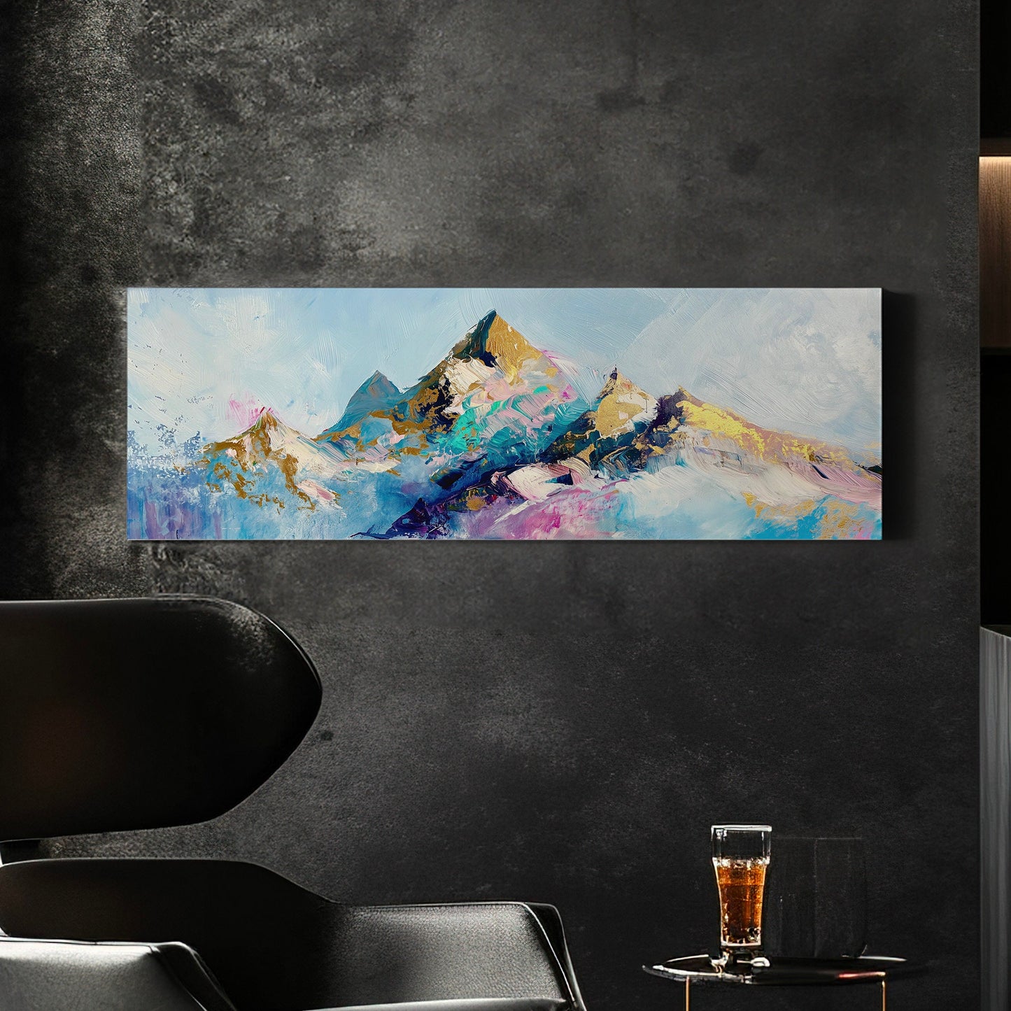 Imagined Mountains Above Bed Wall Art Fun Colors, Panoramic Minimal Canvas Print, Snowy Scene Long Horizontal Canvas Art