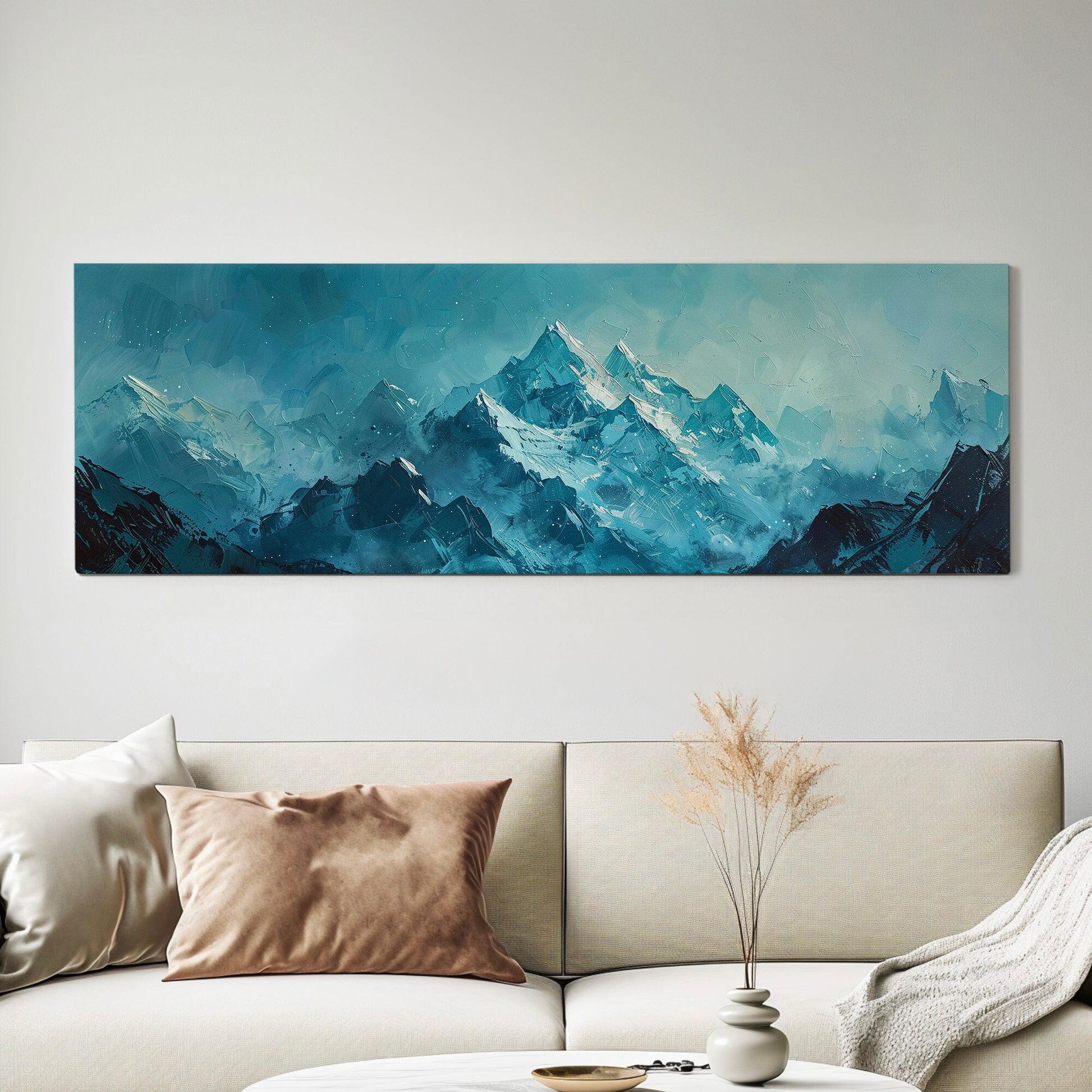 Icy Mountain Landscape Above Bed Wall Art Winter Scene, Panoramic Snowy Alps Canvas Print, Minimal Long Horizontal Canvas Art