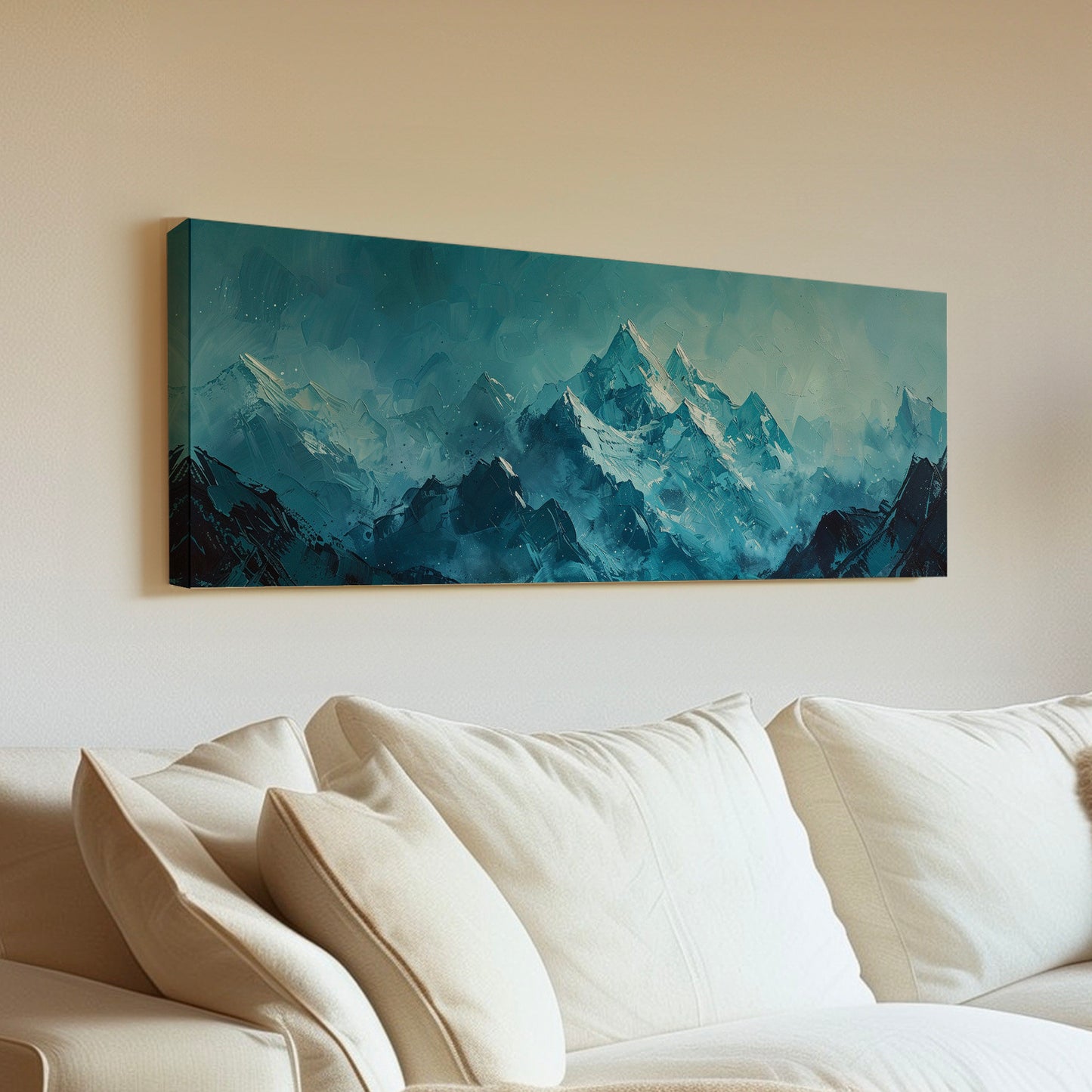 Icy Mountain Landscape Above Bed Wall Art Winter Scene, Panoramic Snowy Alps Canvas Print, Minimal Long Horizontal Canvas Art